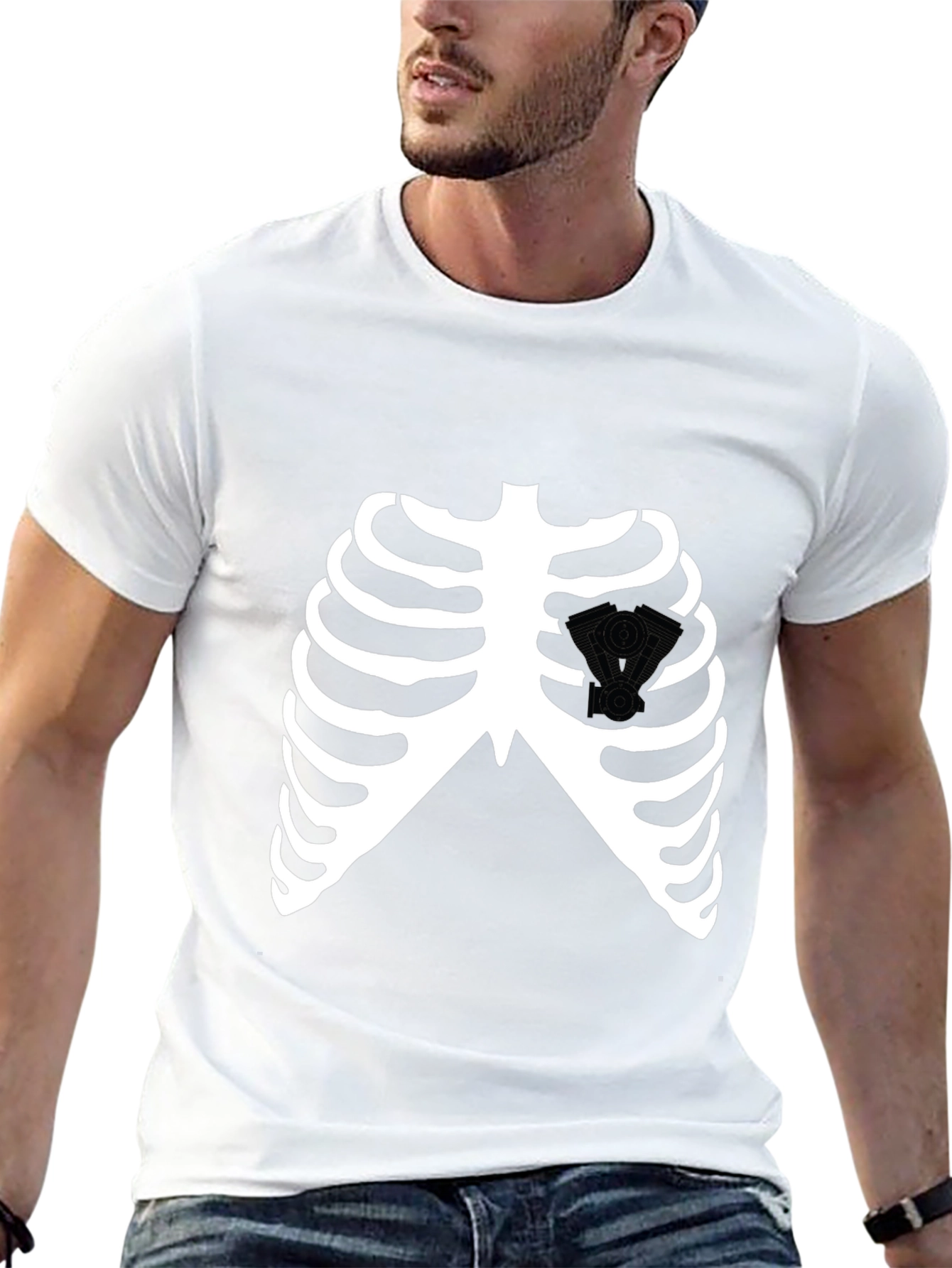 Skeleton Rib Cage V-Twin Engine Graphic T-Shirt
