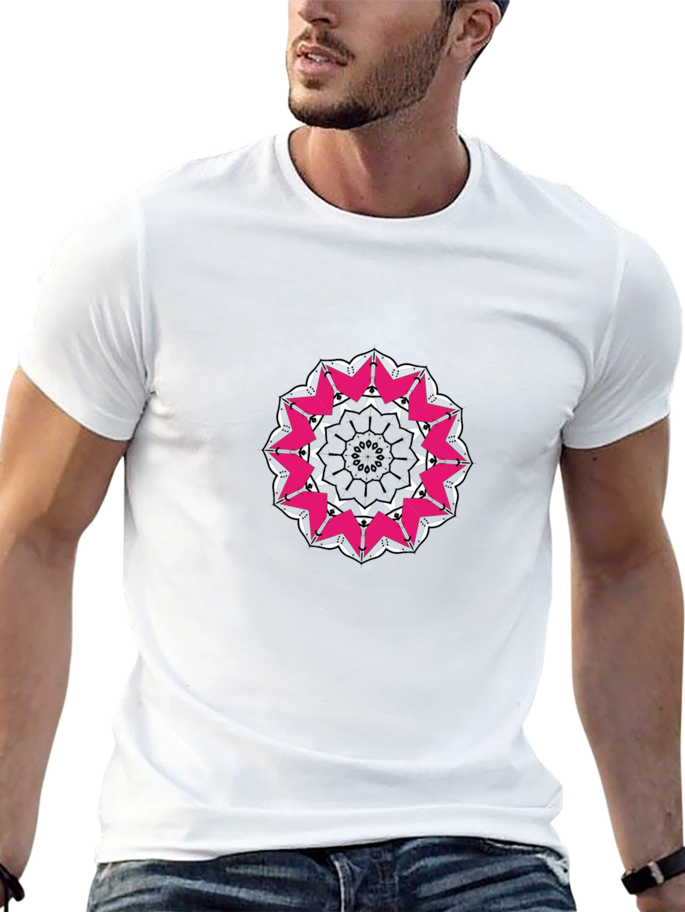 Black T-Shirt with Pink and White Mandala Design