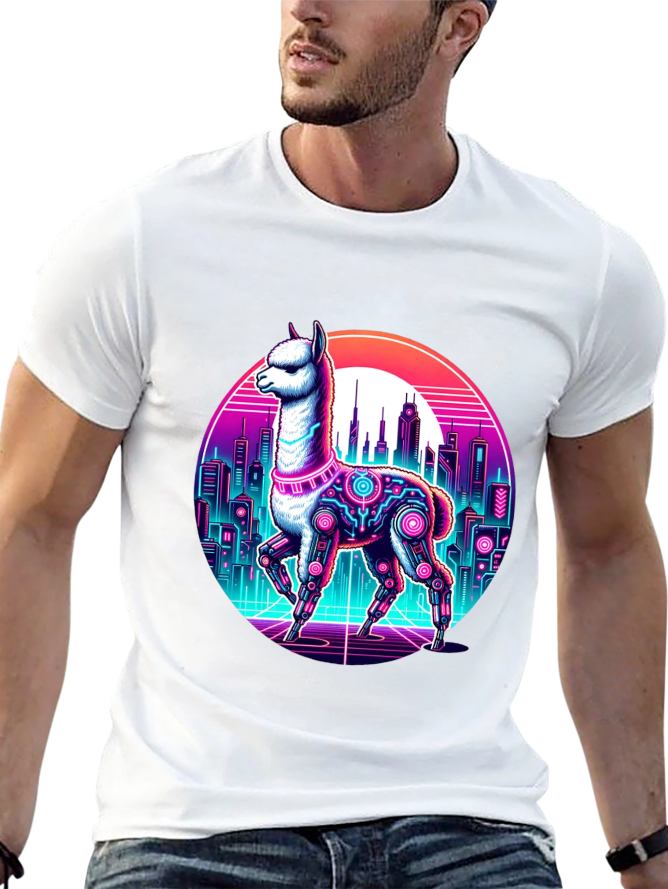 Cyberpunk Llama T-Shirt - Retro Cityscape Graphic Tee