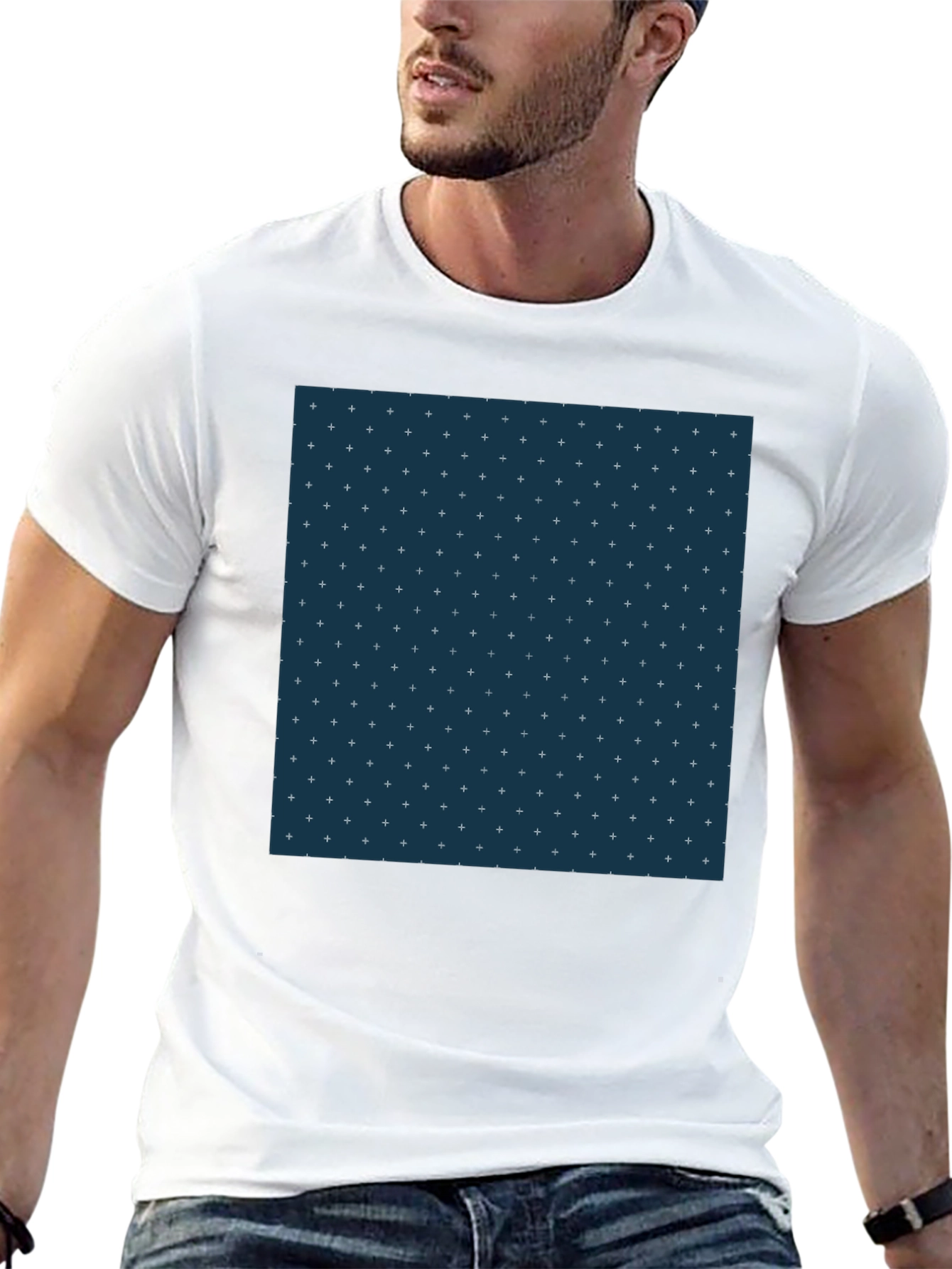 Stylish Black Tee with Geometric Plus Pattern