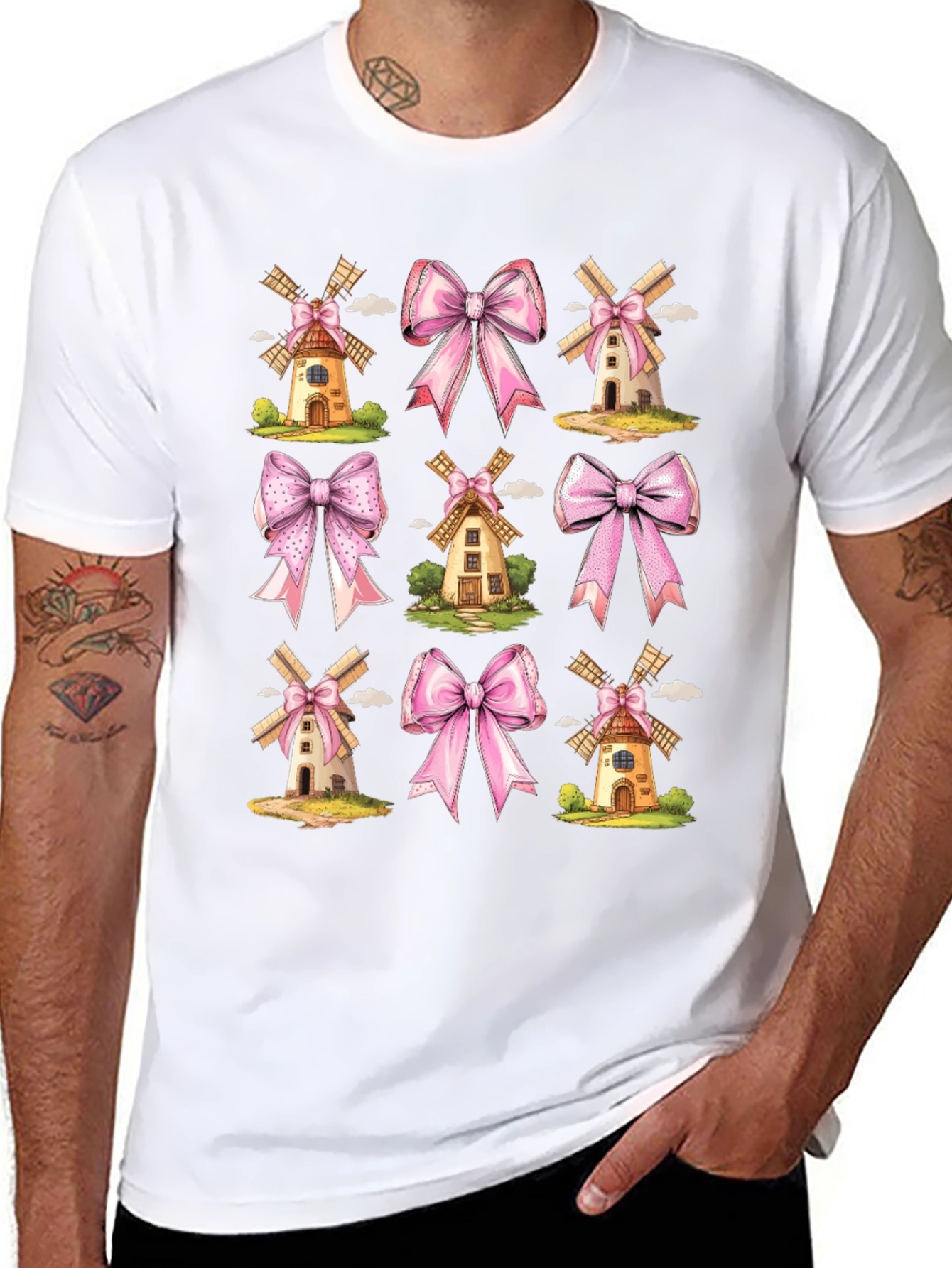 Whimsical Windmill & Bow Print T-Shirt