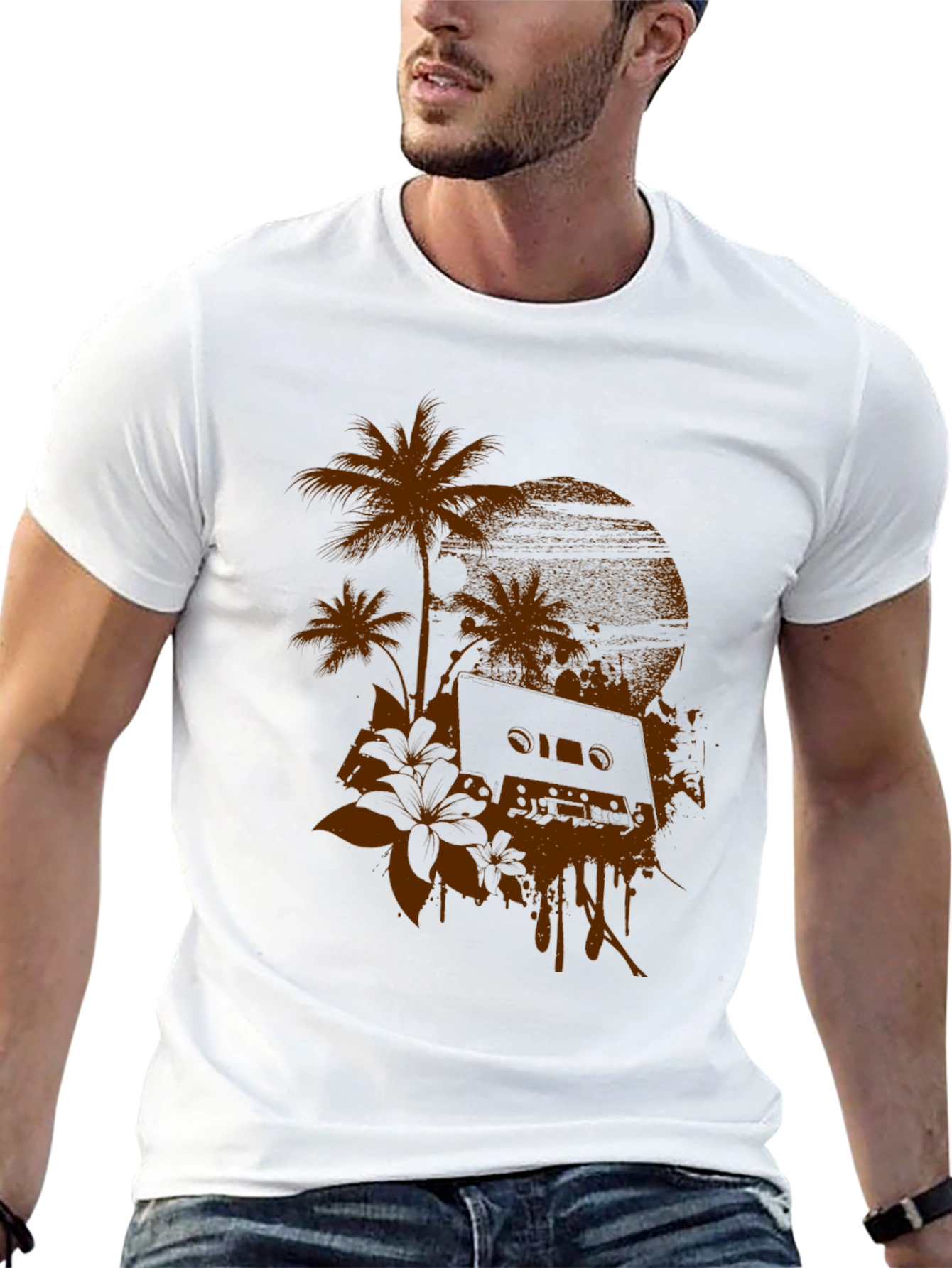 Retro Vibes Graphic Tee - Palm & Cassette Print