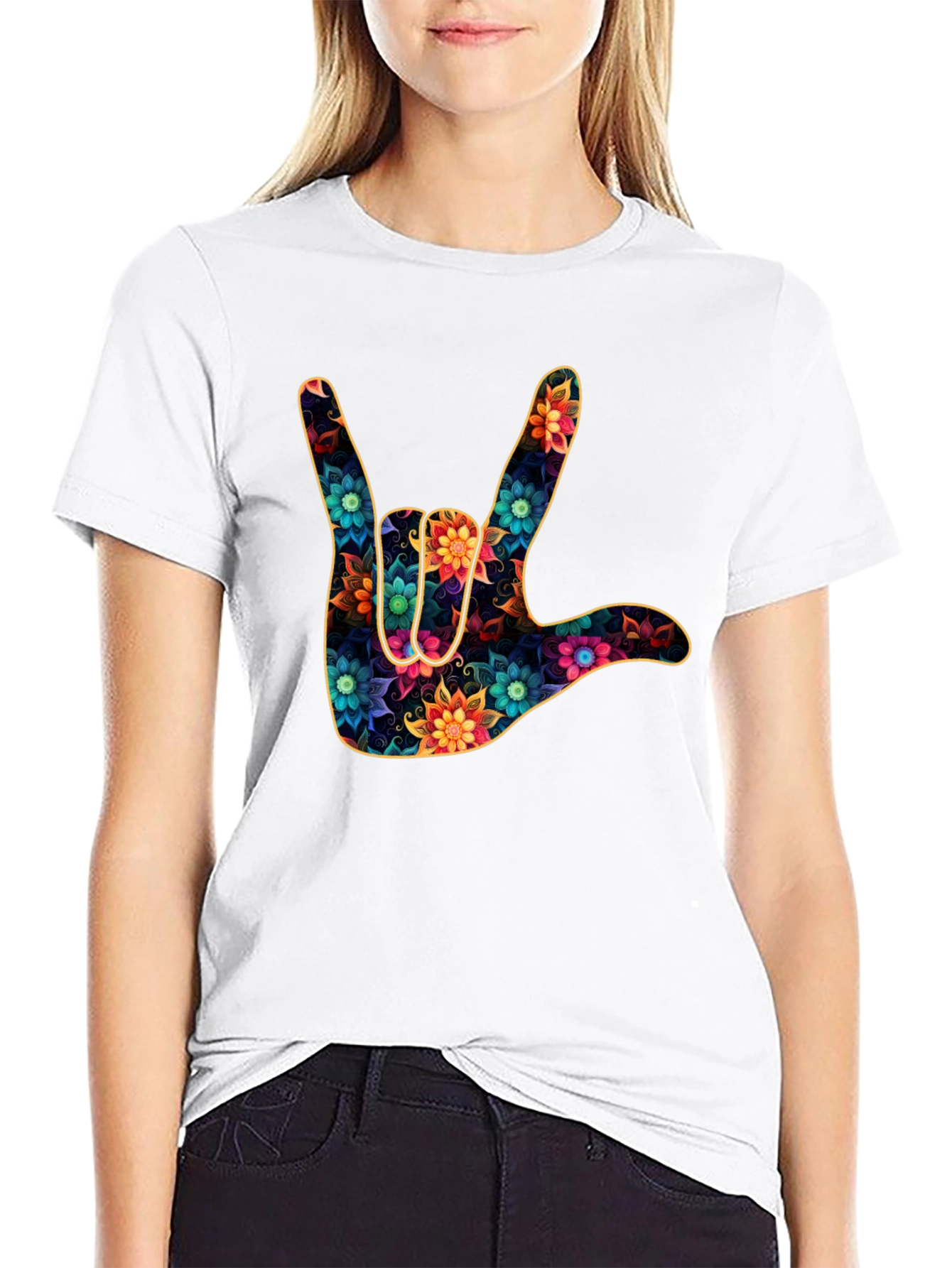 Floral I Love You Hand Sign Black T-Shirt