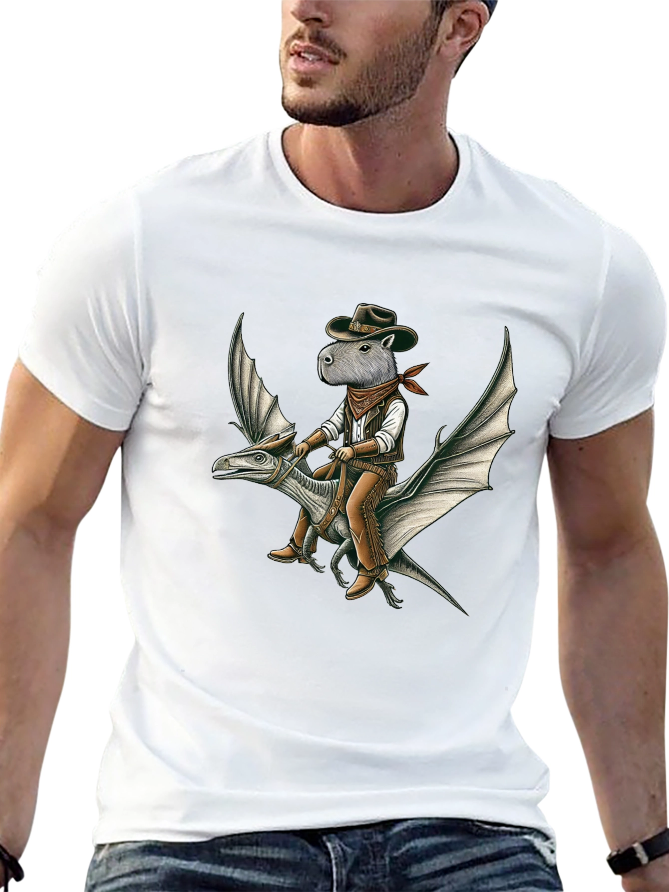 Capybara Cowboy Riding Dinosaur Graphic Tee