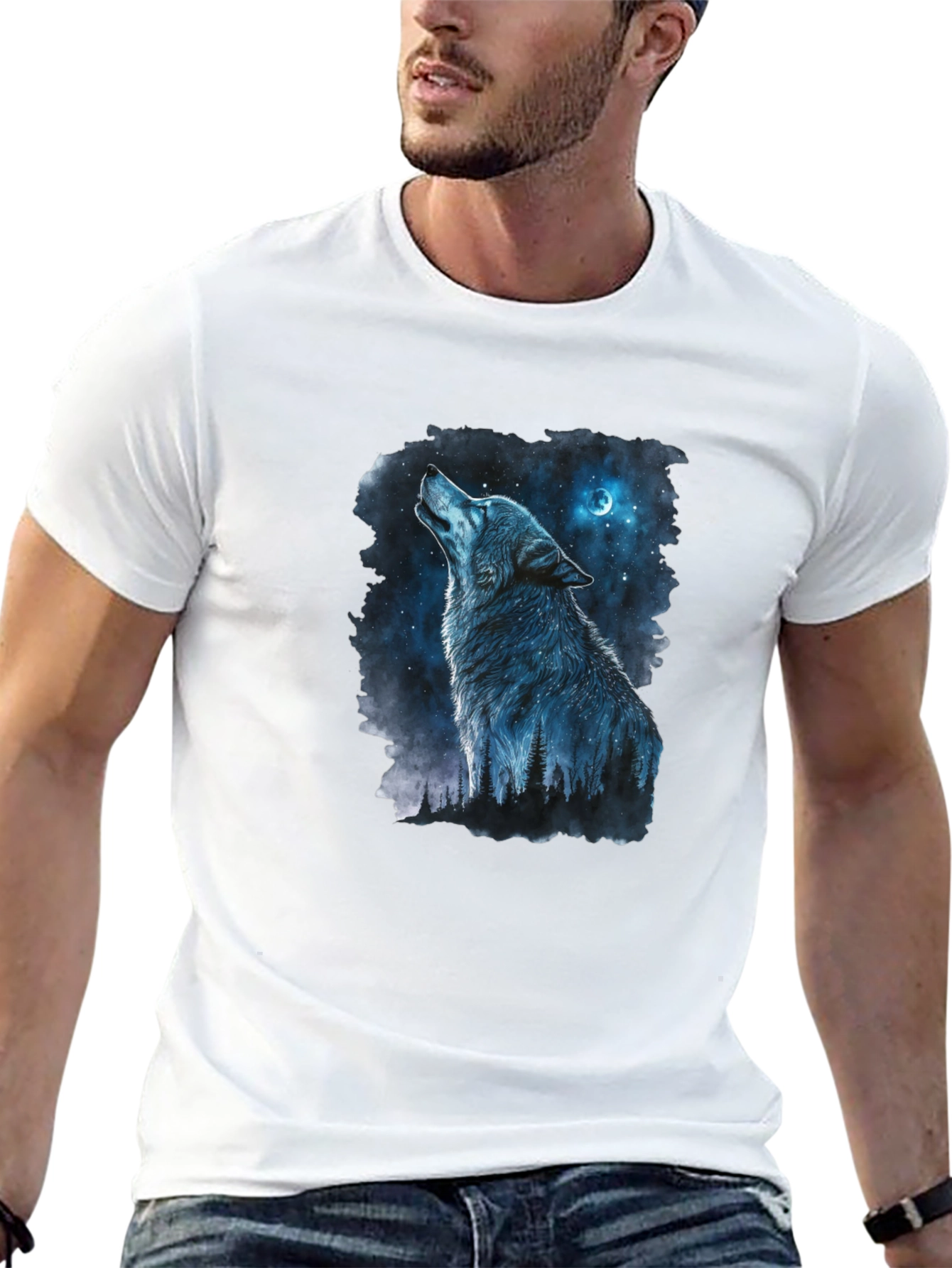 Wolf Howling at Moon Graphic Black T-Shirt