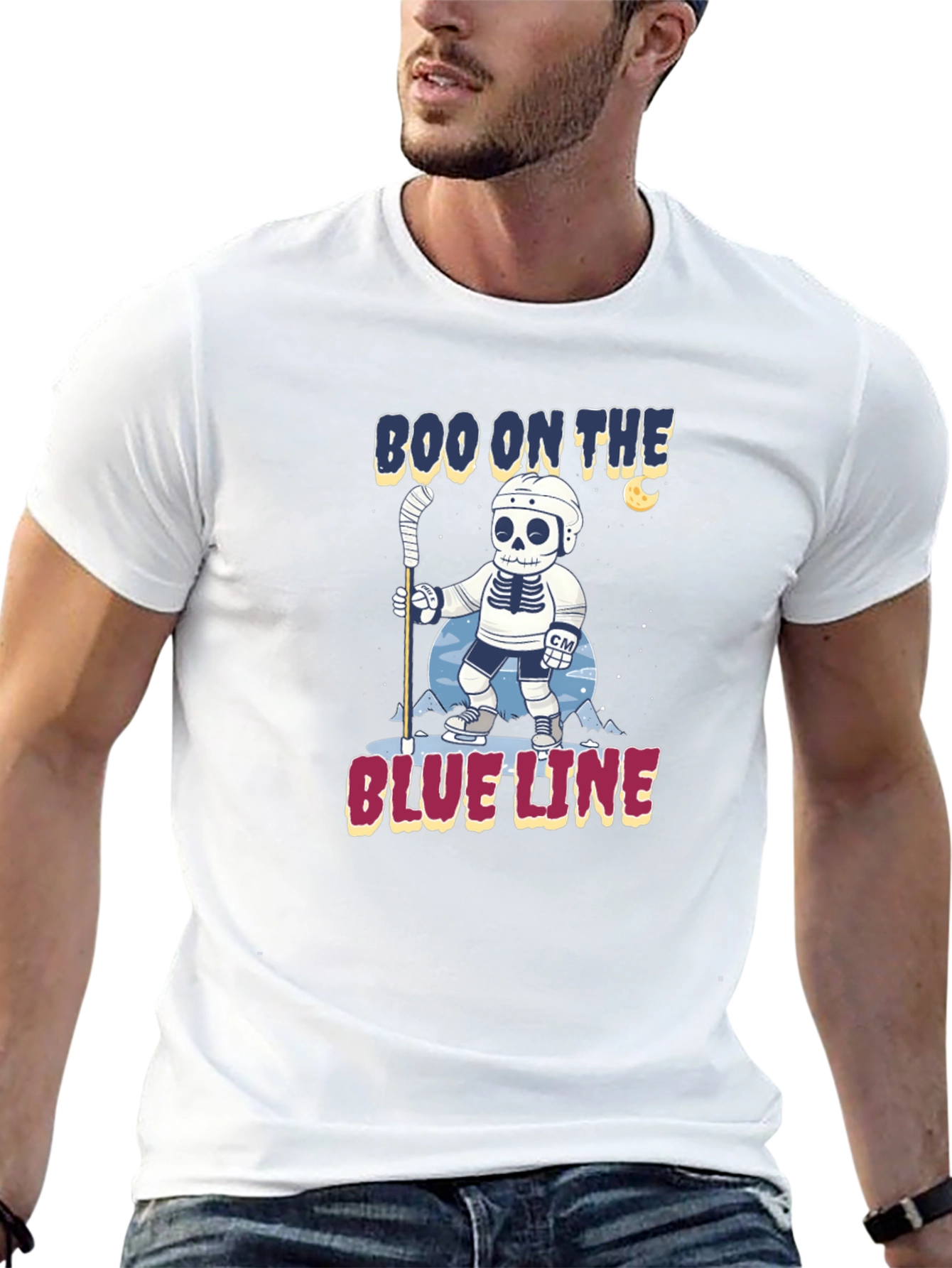 Boo on the Blue Line Hockey Skeleton T-Shirt