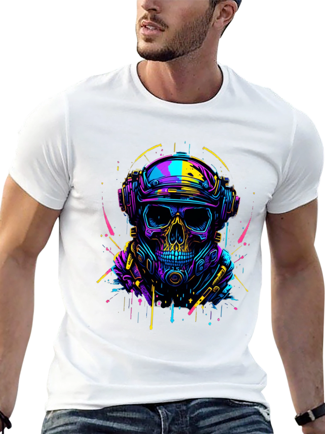 Cyberpunk Skull Graphic Tee - Neon Drip Design