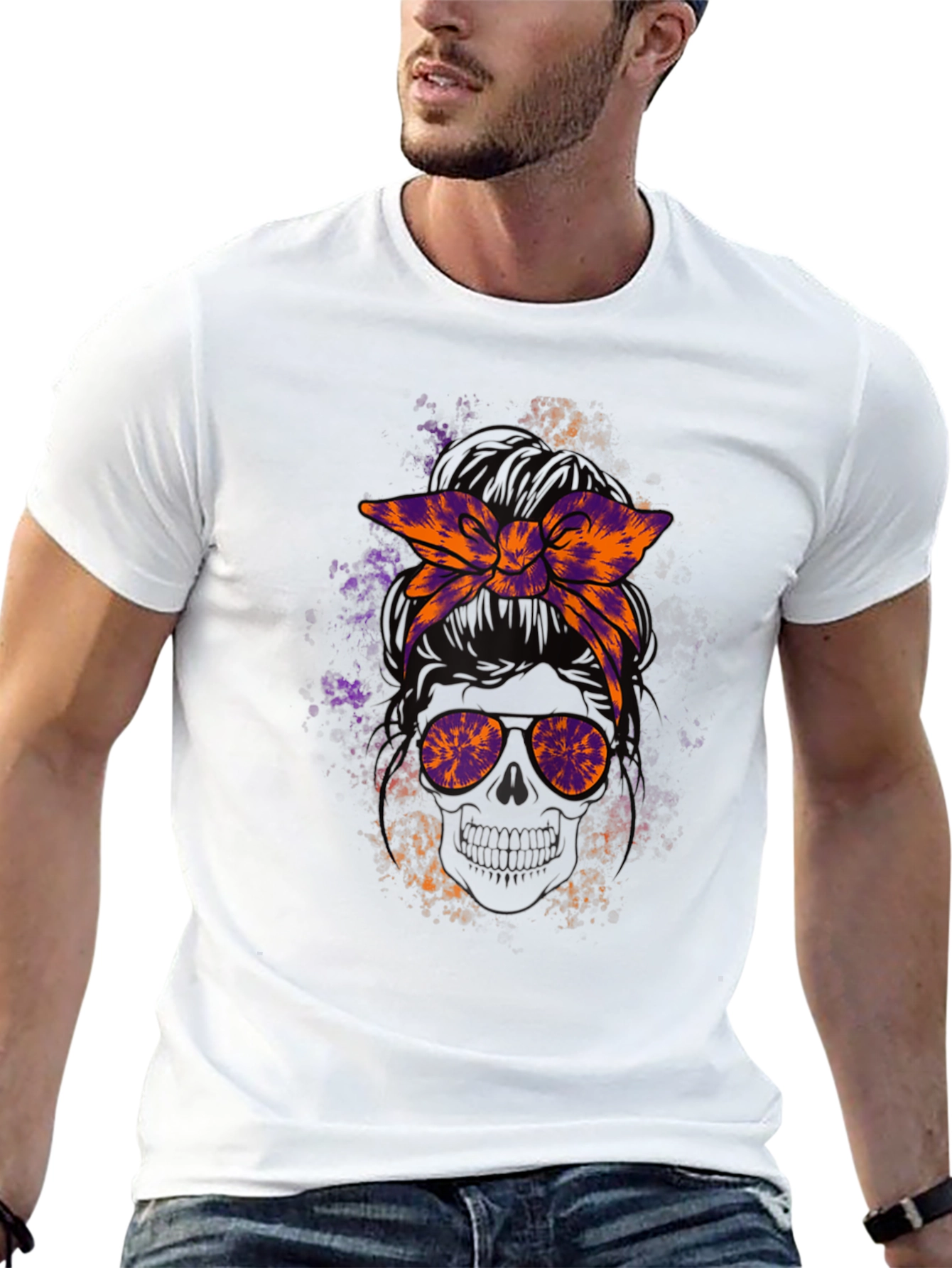 Messy Bun Skull Graphic Tee - Halloween Vibes