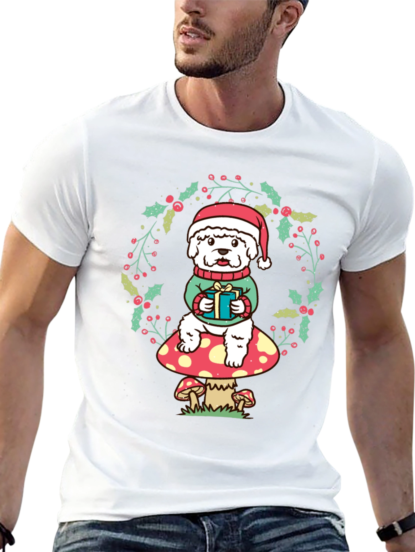 Festive Dog on Mushroom Christmas T-Shirt