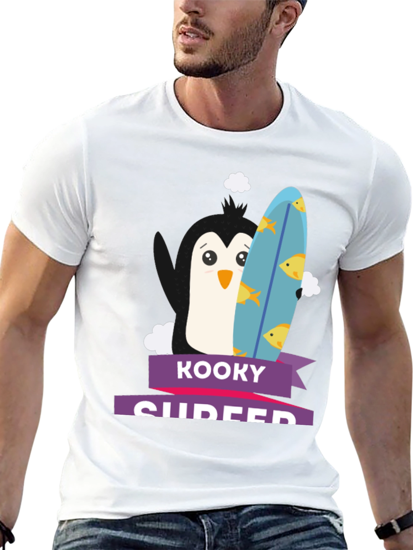 Kooky Surfer Penguin Graphic Tee - Fun Black T-Shirt