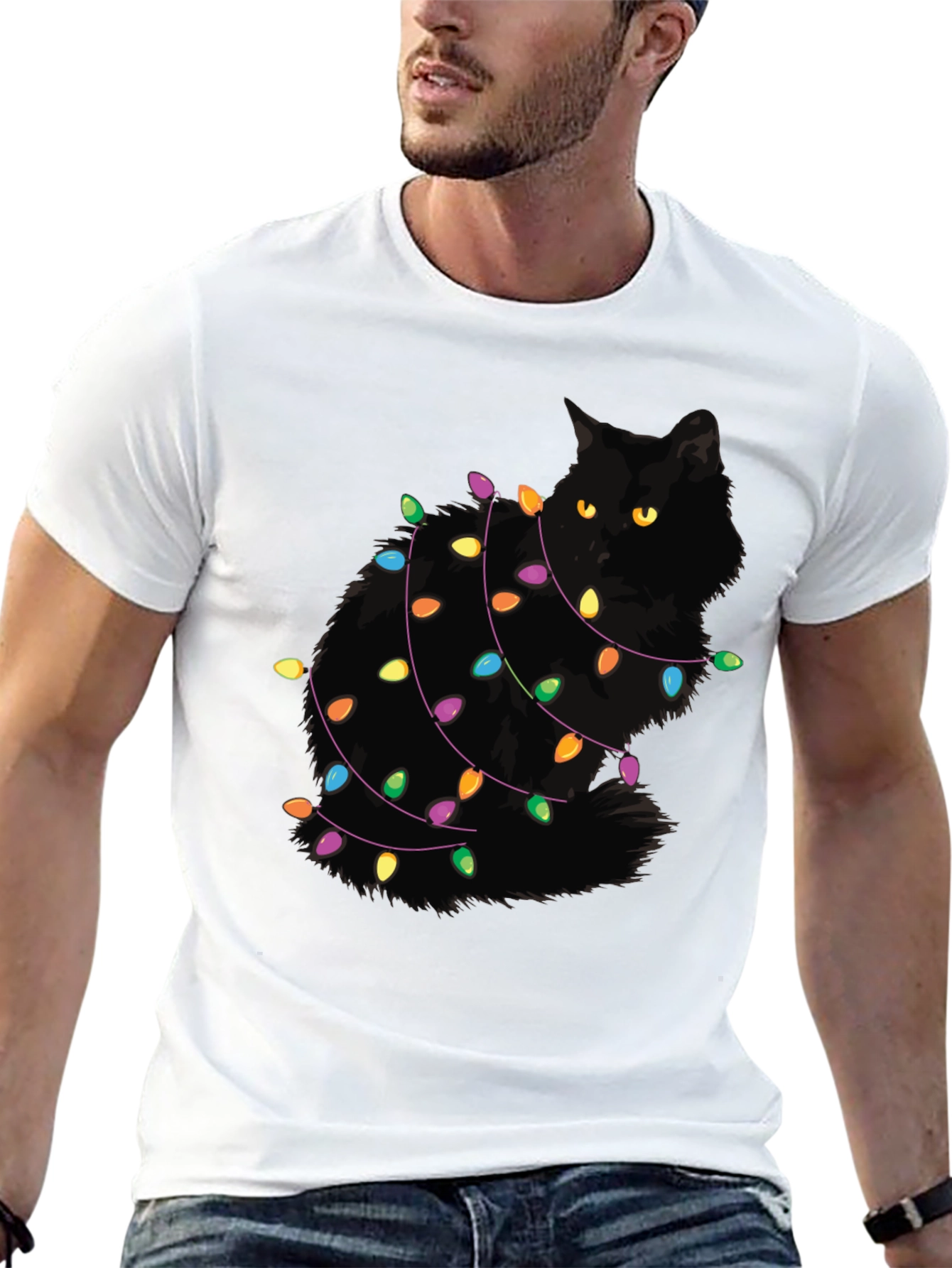 Festive Cat Christmas Lights Graphic Tee