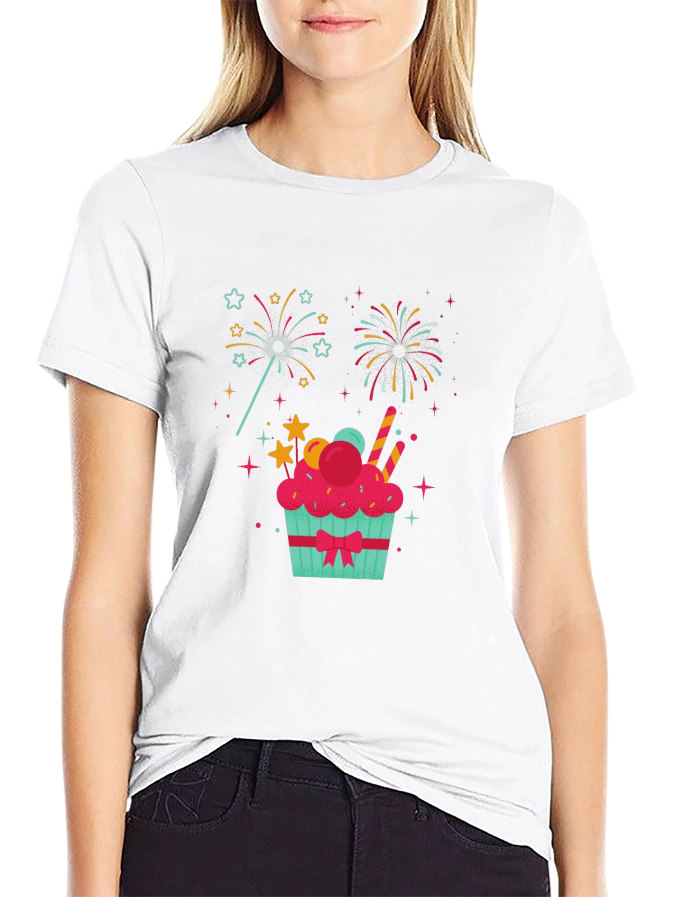 Festive Cupcake Fireworks Graphic Tee - Black
