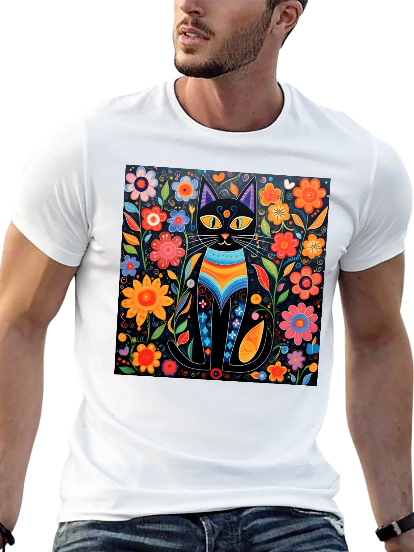 Floral Cat Graphic Tee - Unique Design