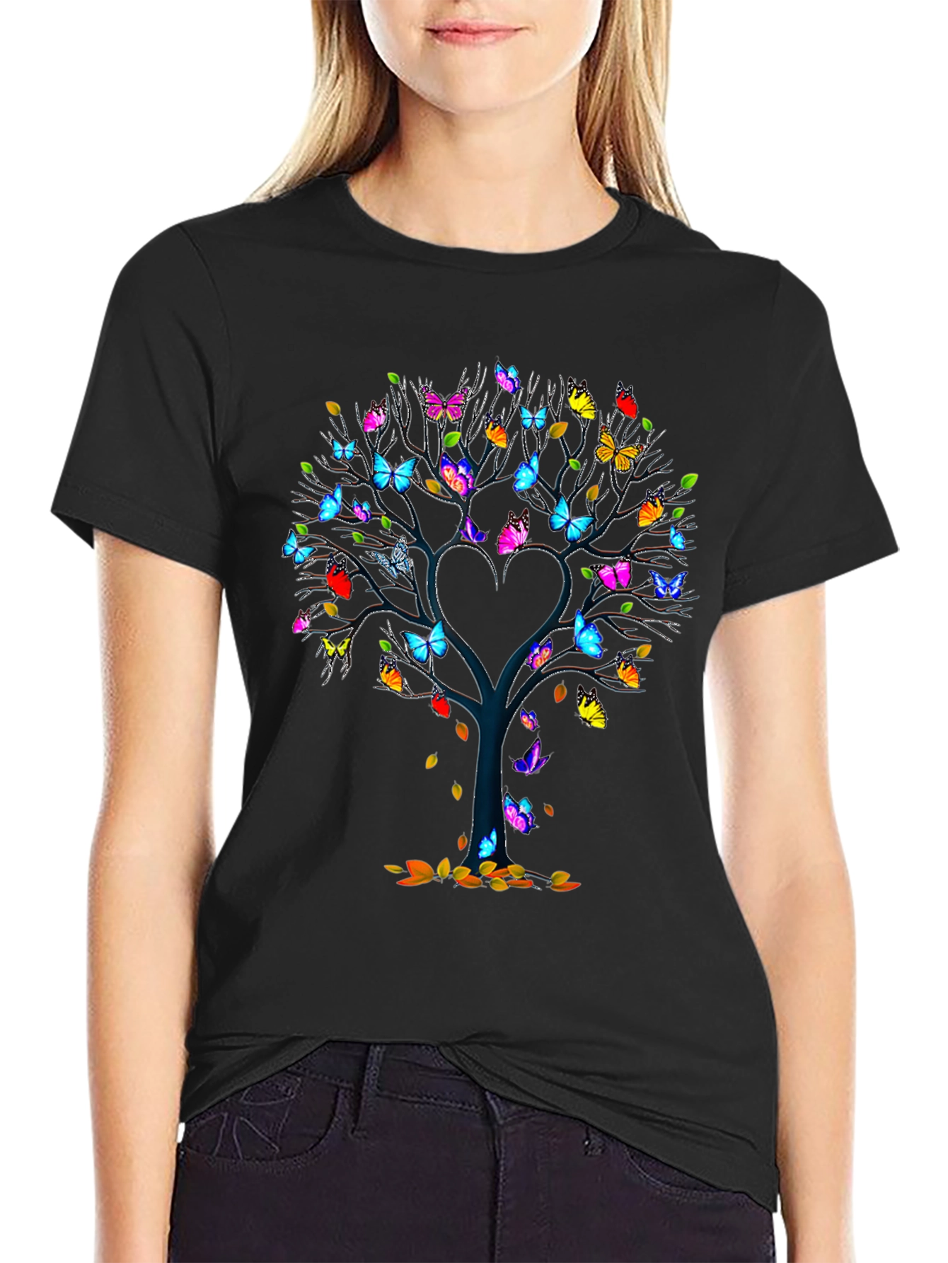 Butterfly Tree Heart Graphic Black T-Shirt