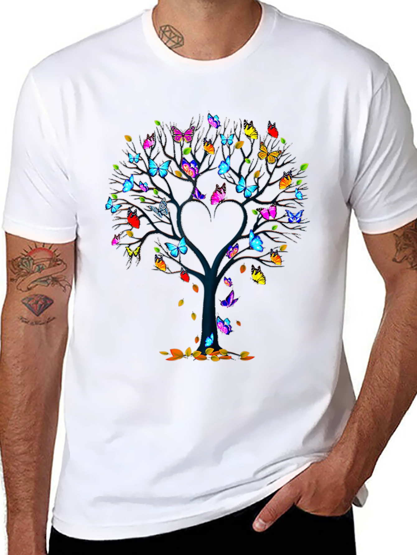 Butterfly Tree Heart Graphic Black T-Shirt