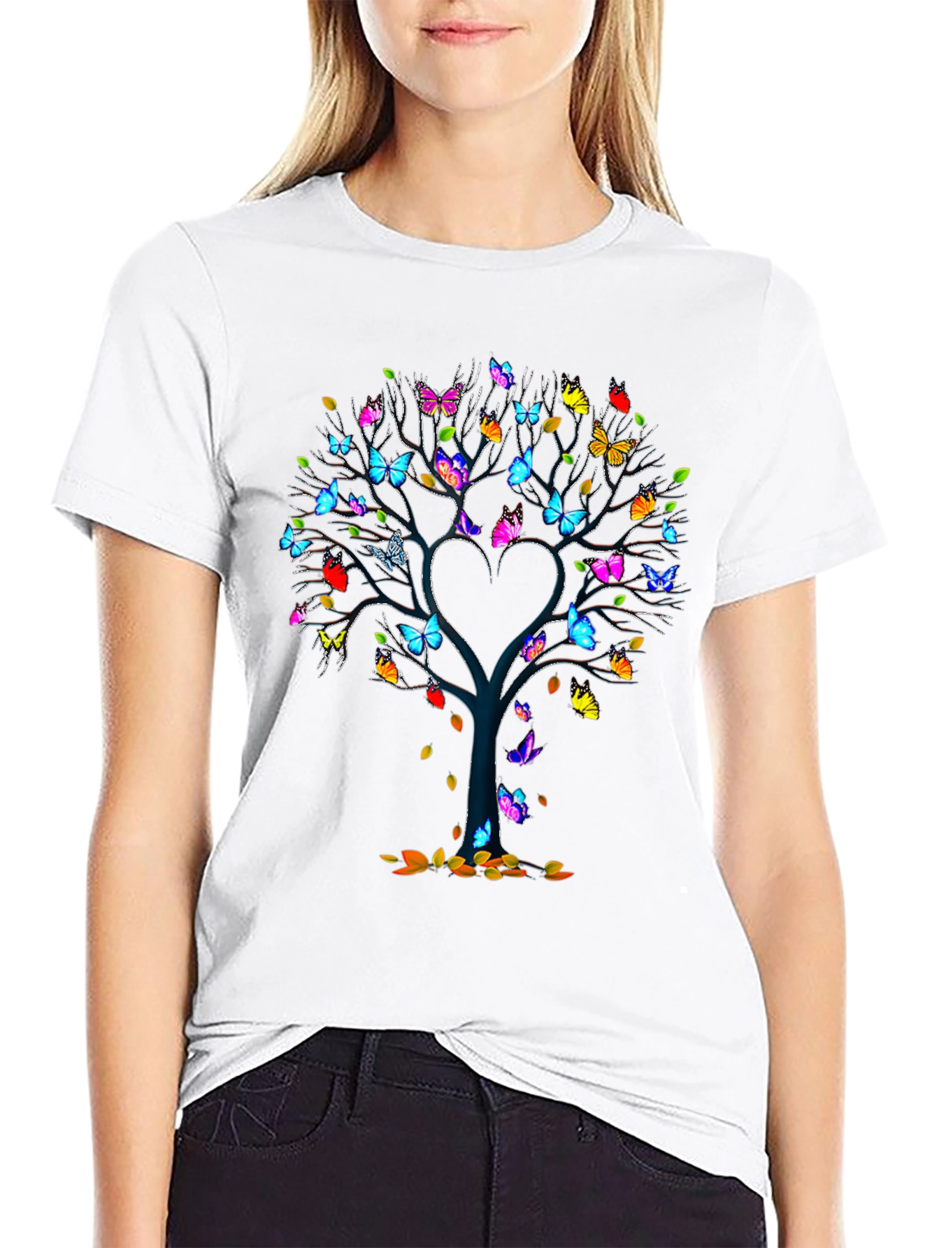 Butterfly Tree Heart Graphic Black T-Shirt