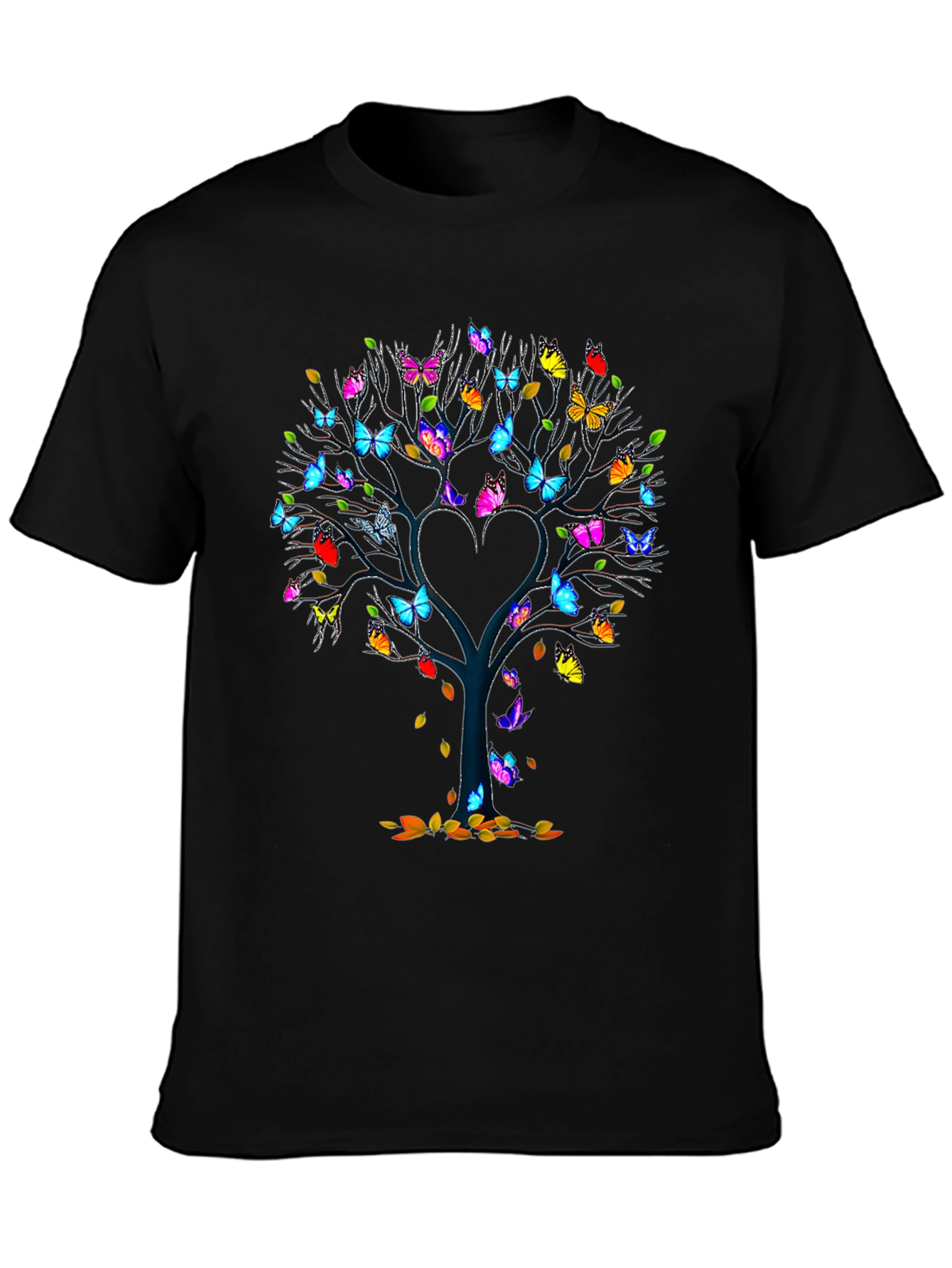 Butterfly Tree Heart Graphic Black T-Shirt