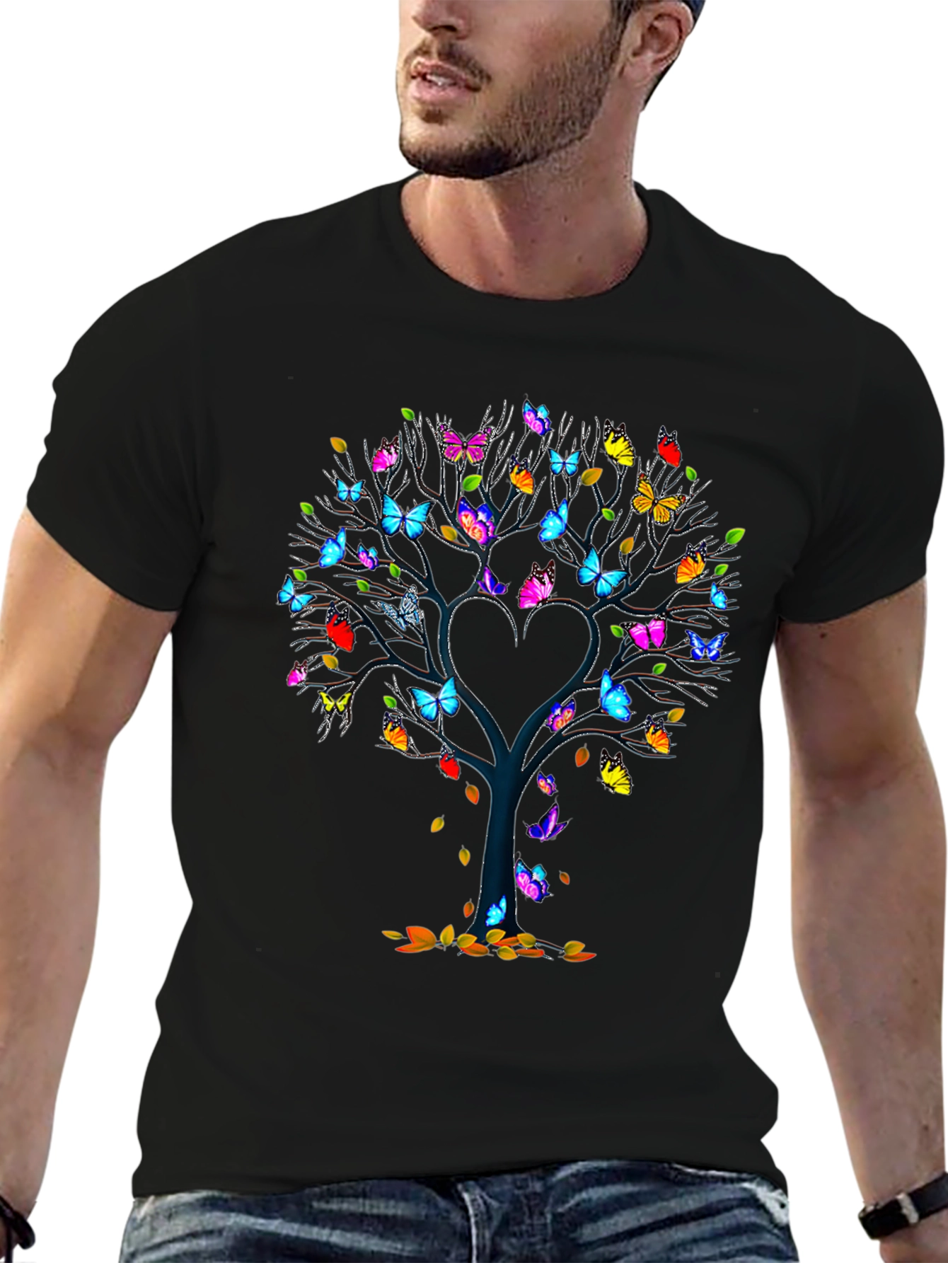 Butterfly Tree Heart Graphic Black T-Shirt