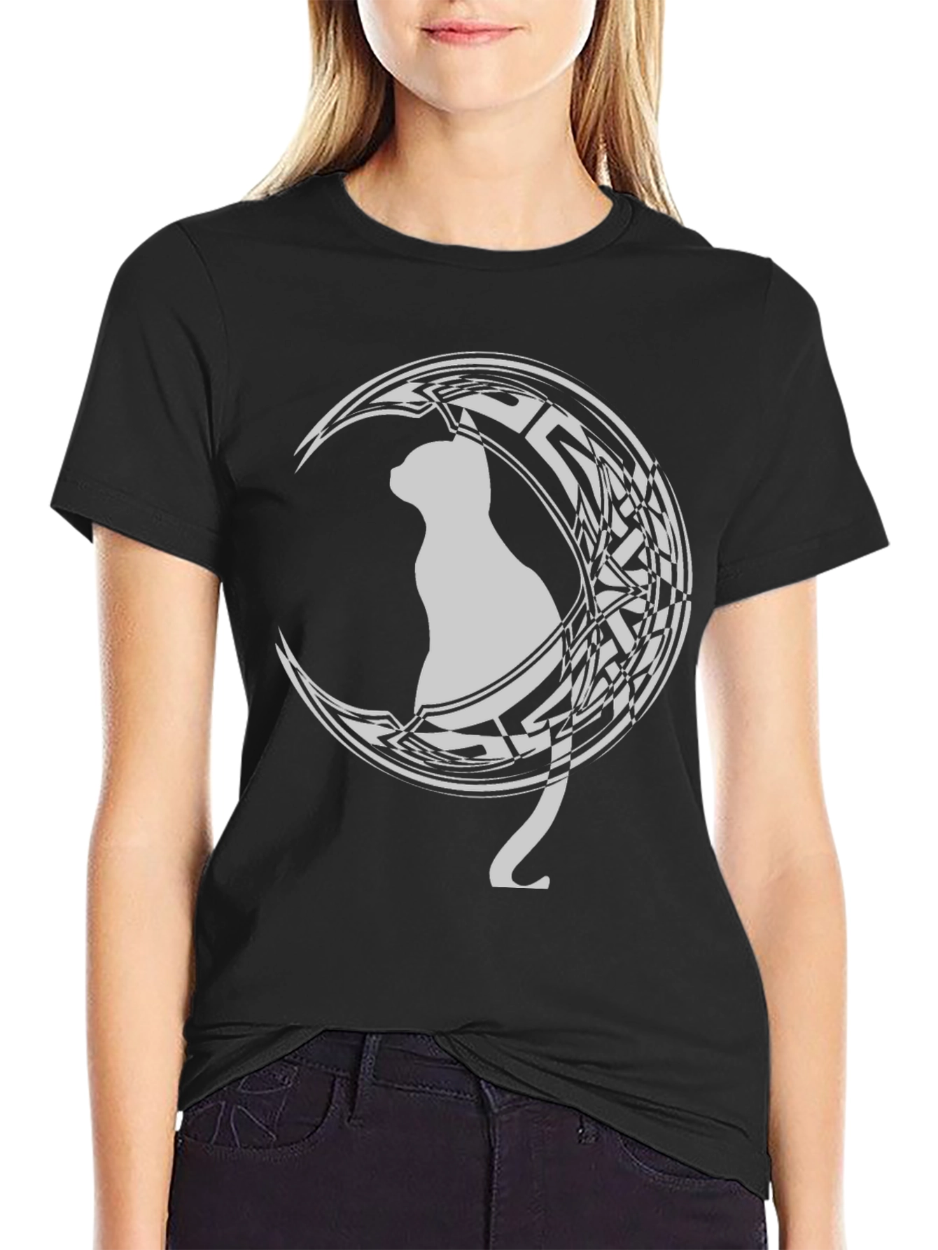 Cat on Crescent Moon Graphic T-Shirt