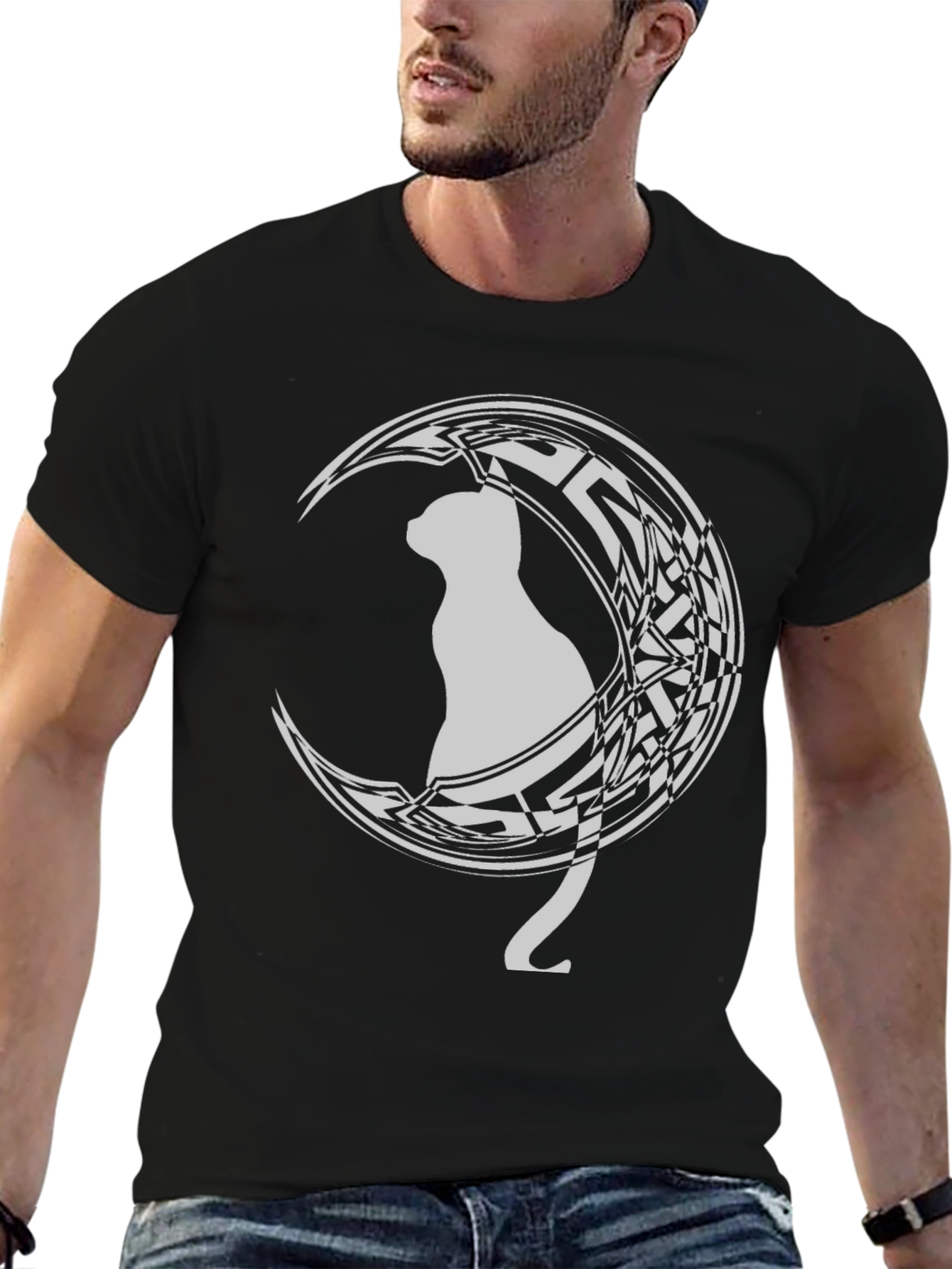 Cat on Crescent Moon Graphic T-Shirt