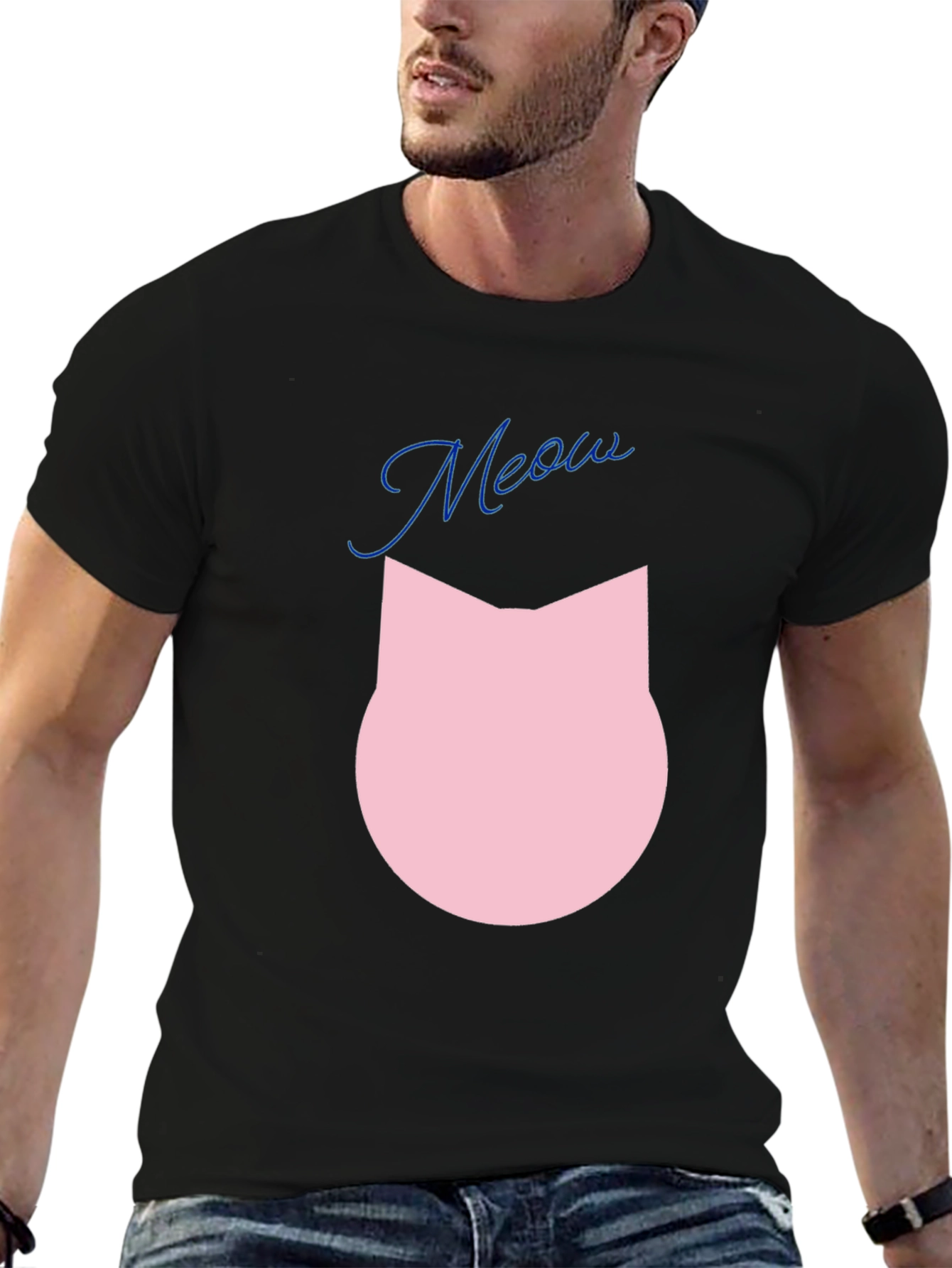 Meow Cat Graphic Tee - Black Cotton Blend