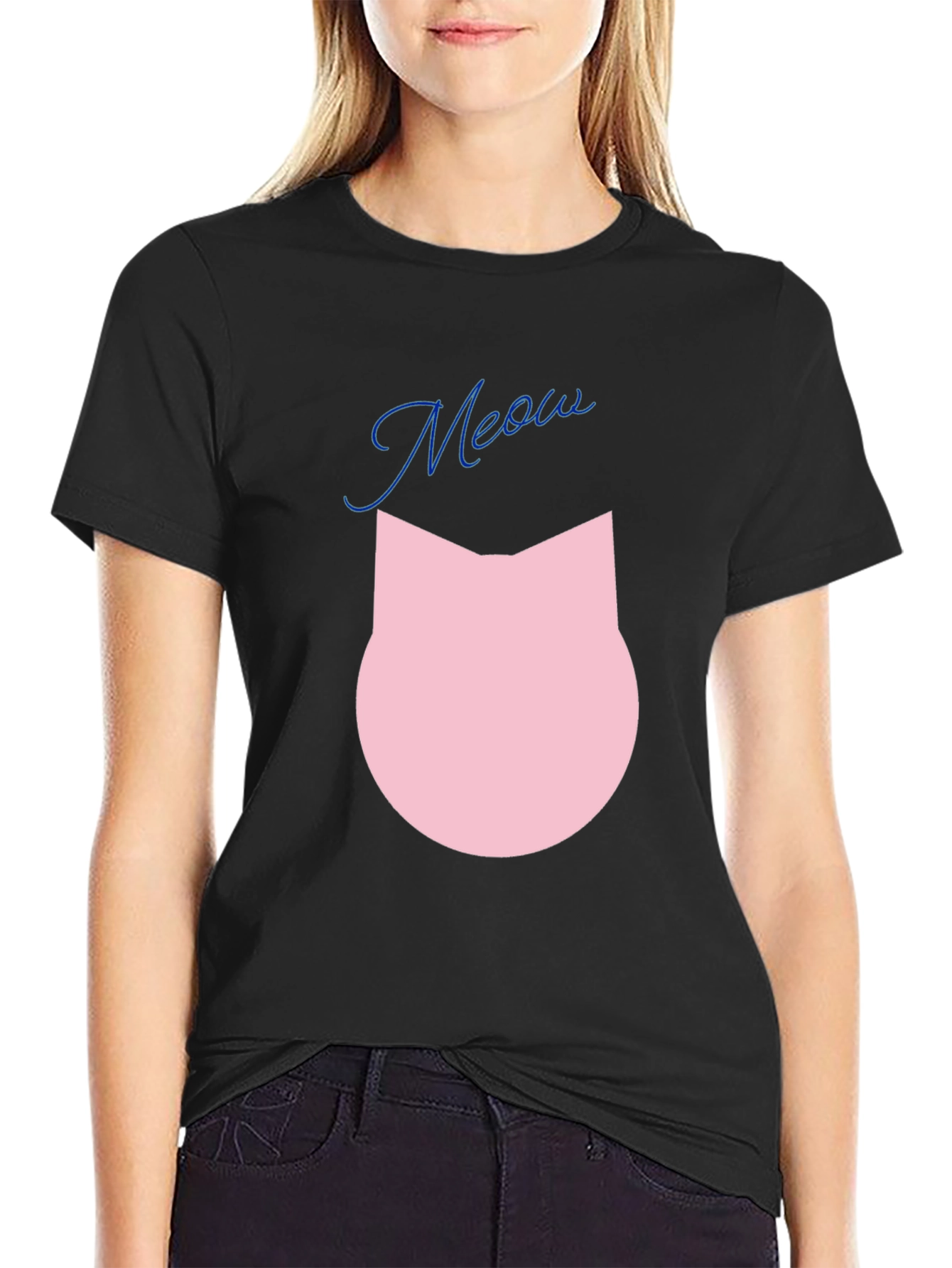 Meow Cat Graphic Tee - Black Cotton Blend