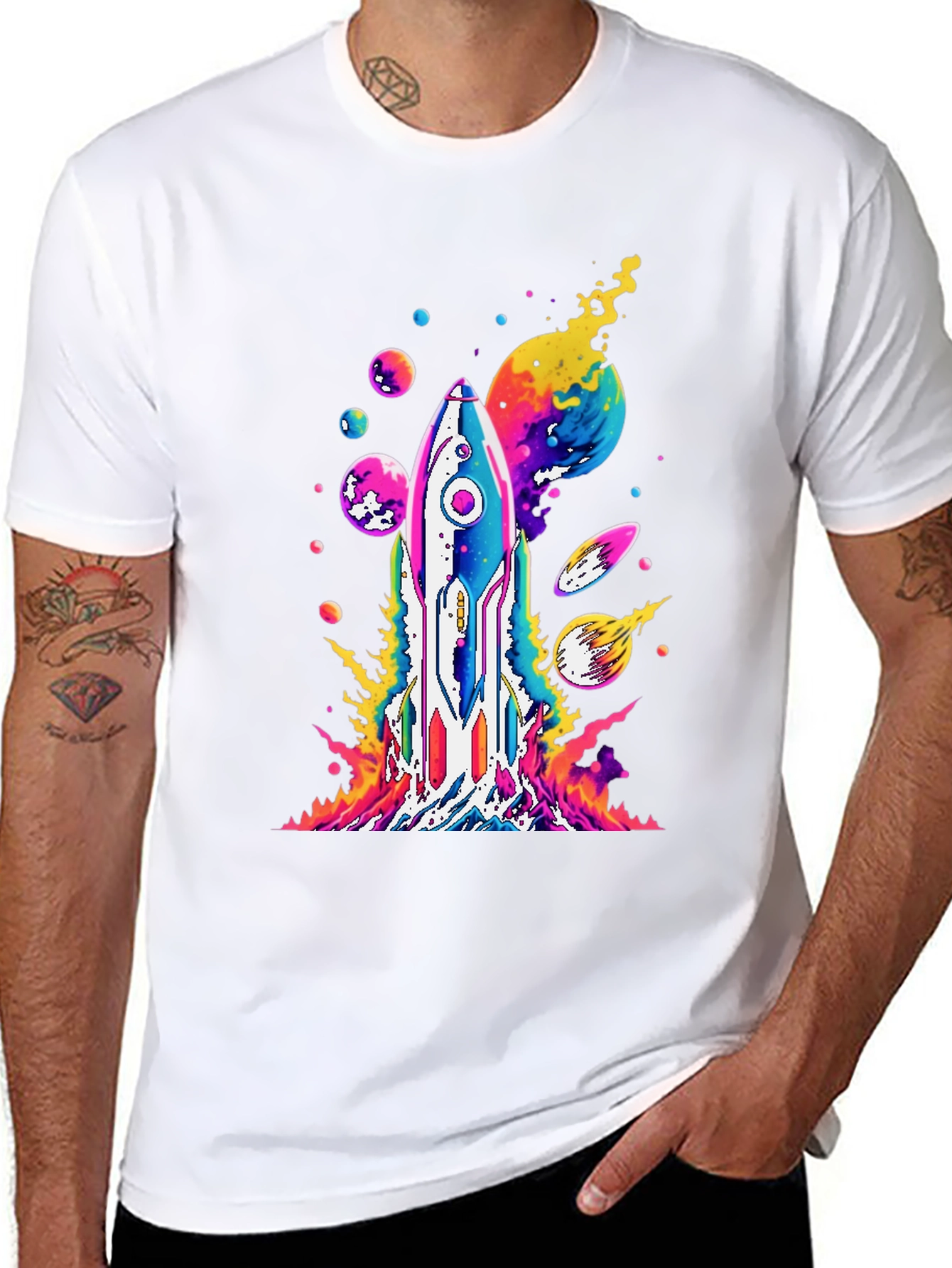 Vibrant Rocket Launch Graphic Tee - Black