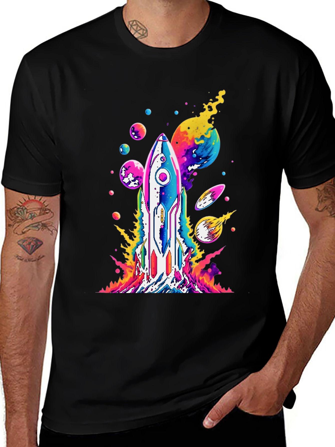 Vibrant Rocket Launch Graphic Tee - Black