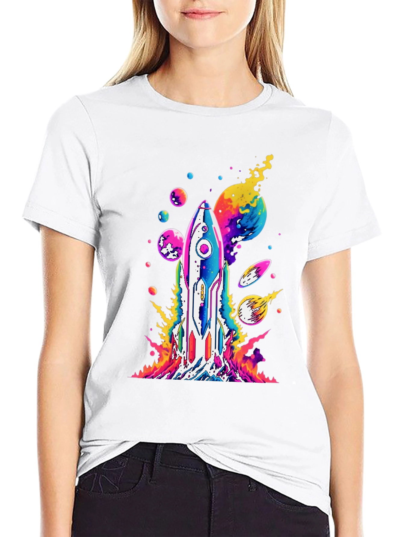 Vibrant Rocket Launch Graphic Tee - Black