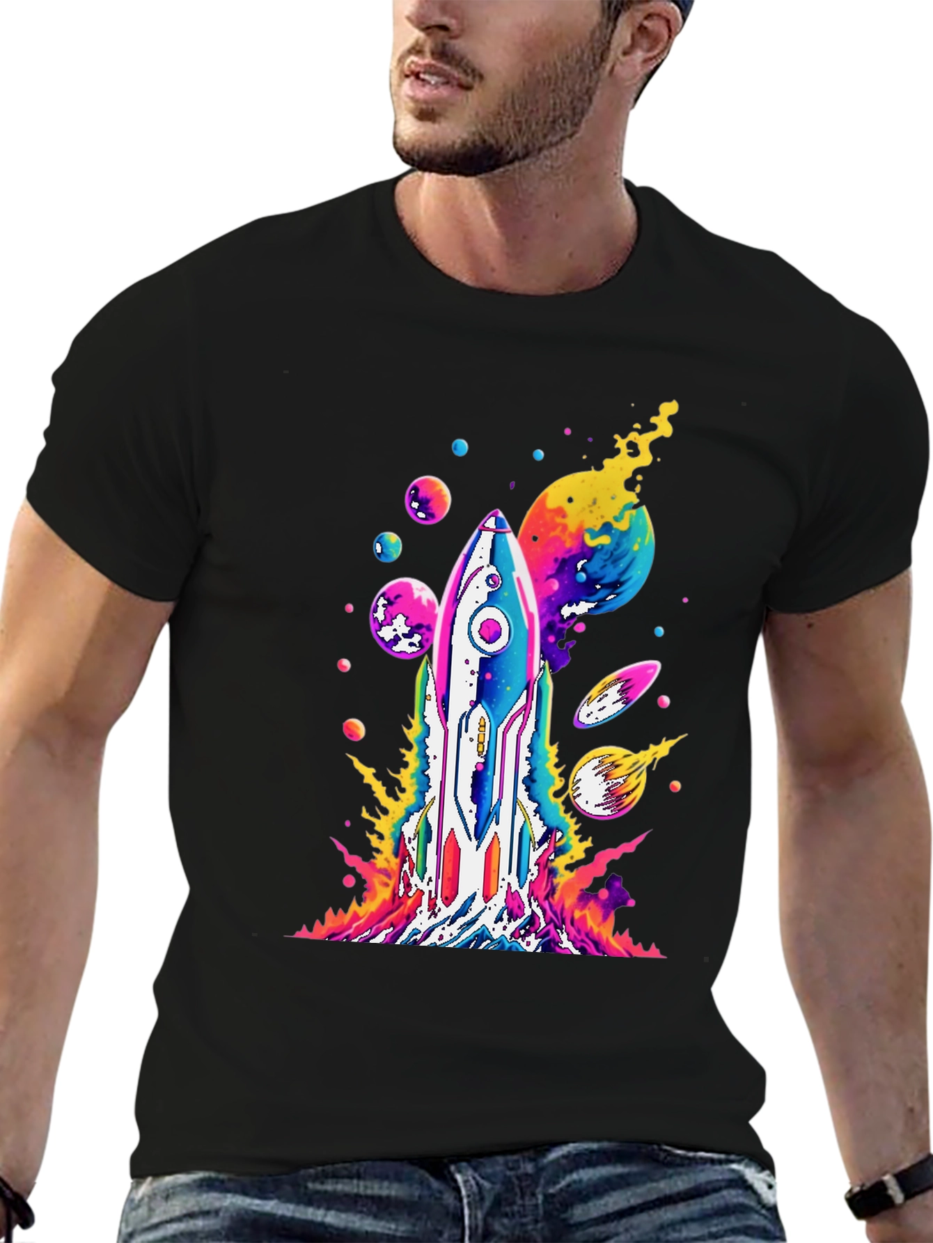 Vibrant Rocket Launch Graphic Tee - Black