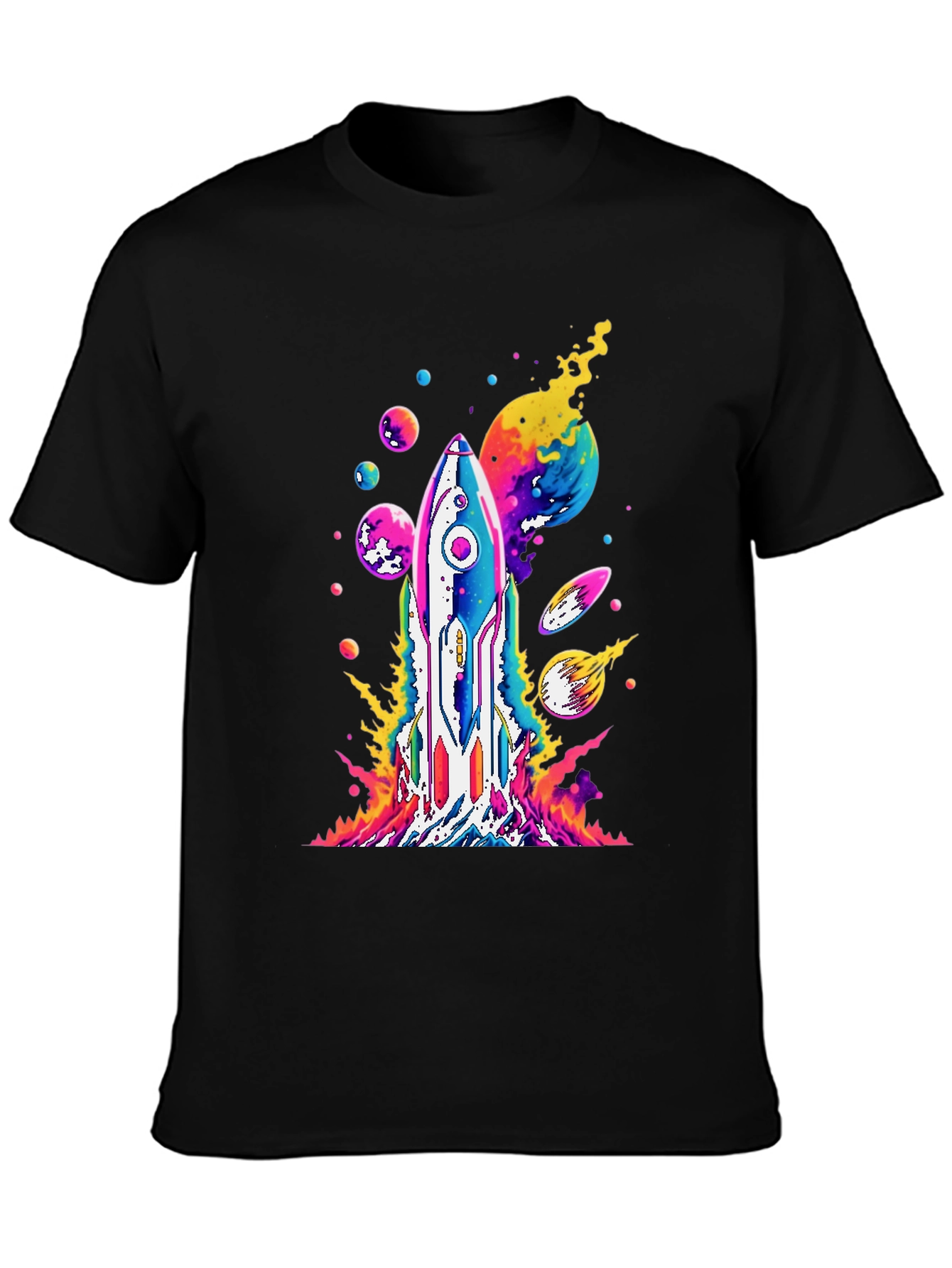 Vibrant Rocket Launch Graphic Tee - Black