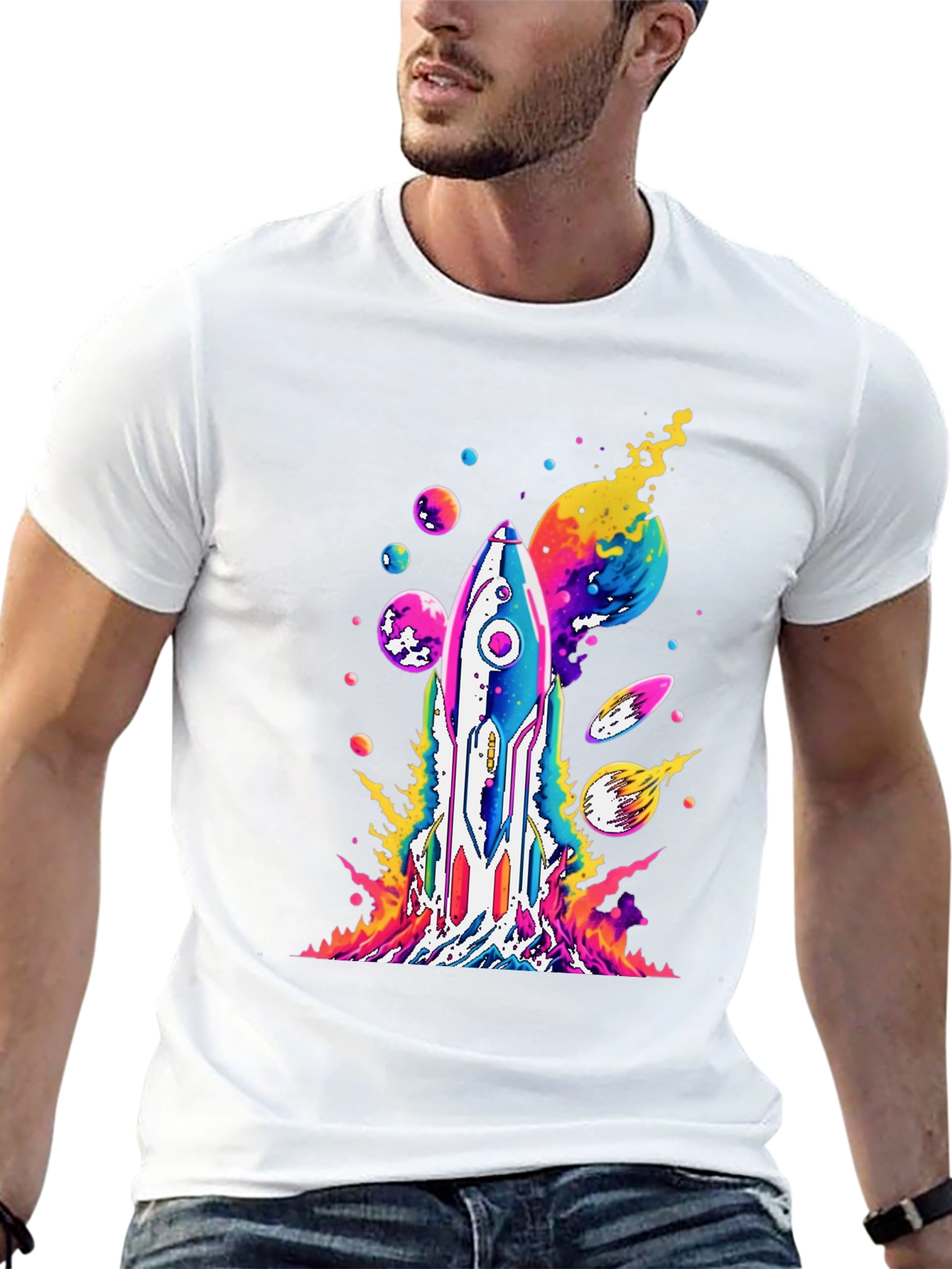 Vibrant Rocket Launch Graphic Tee - Black