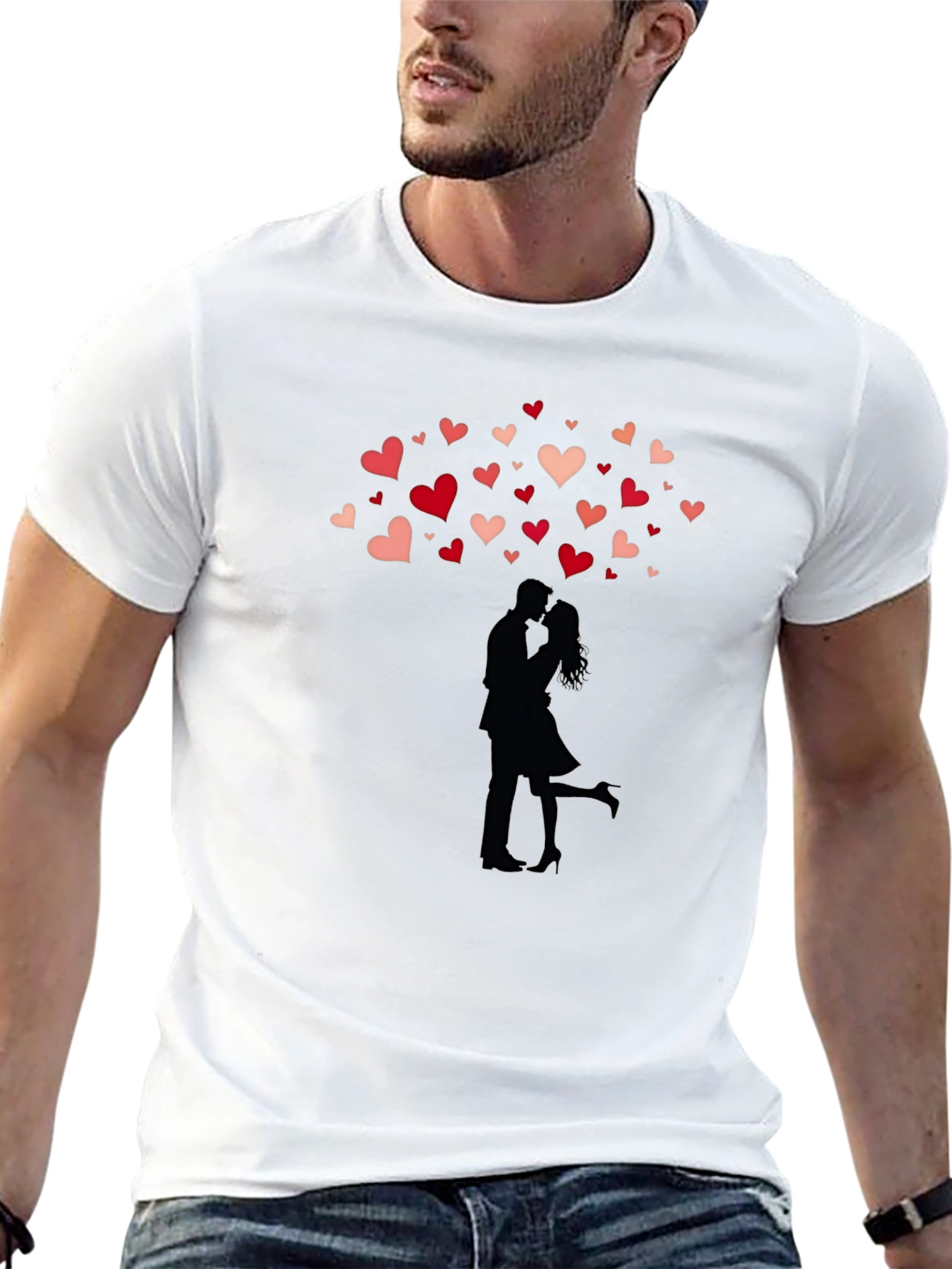 Romantic Couple Hearts Graphic Tee - Black