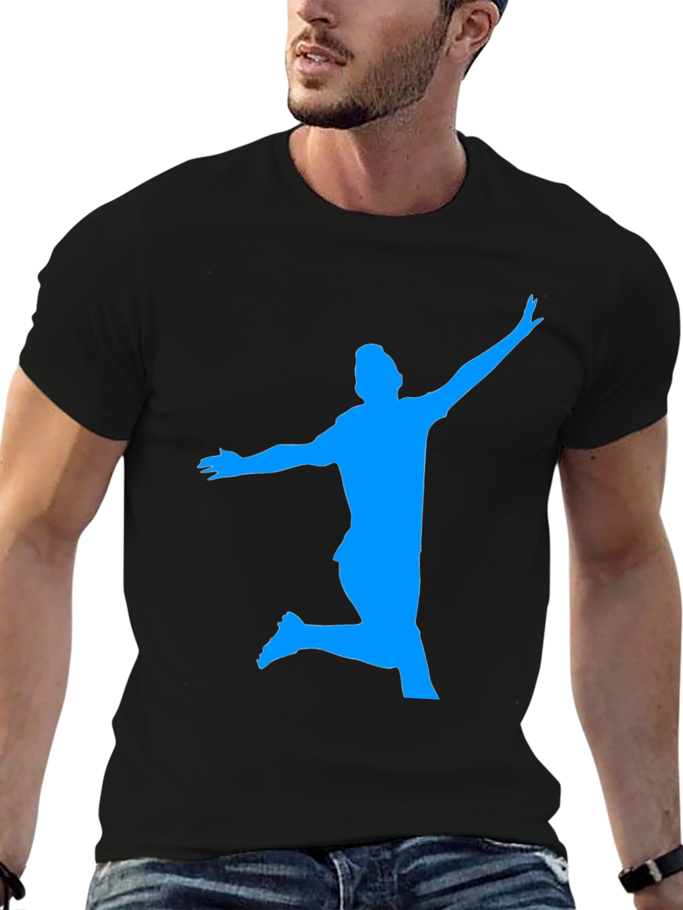 Mans Black T-Shirt with Blue Silhouette Design