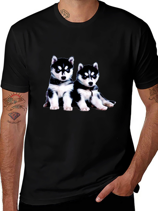 Husky Puppy Graphic Tee - Black Crew Neck