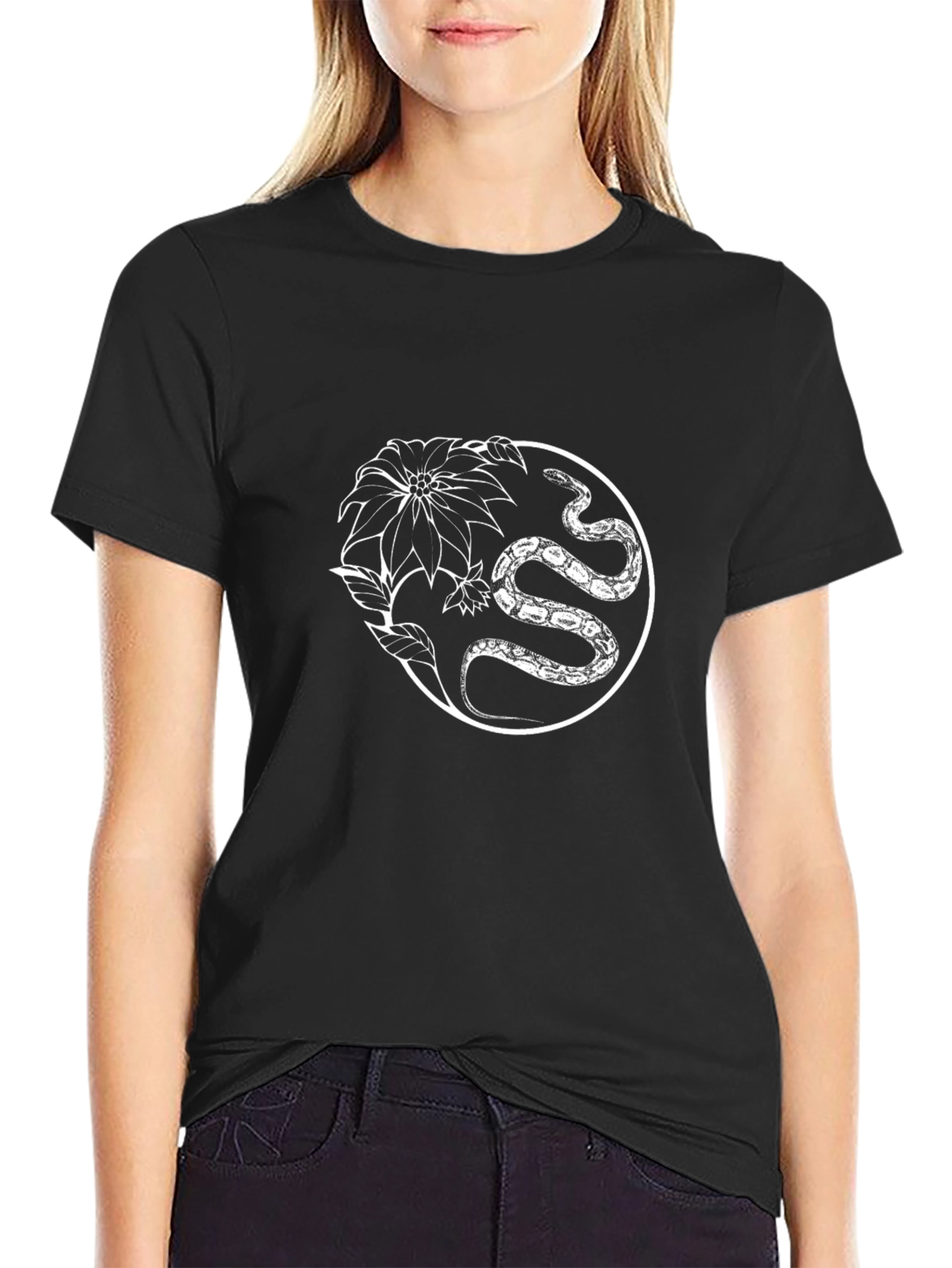 Snake & Floral Graphic Tee - Black
