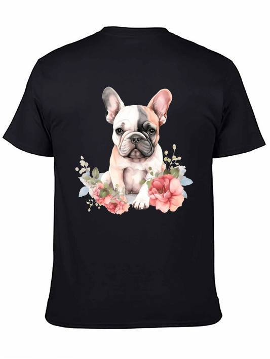 Floral French Bulldog Graphic Tee - Black