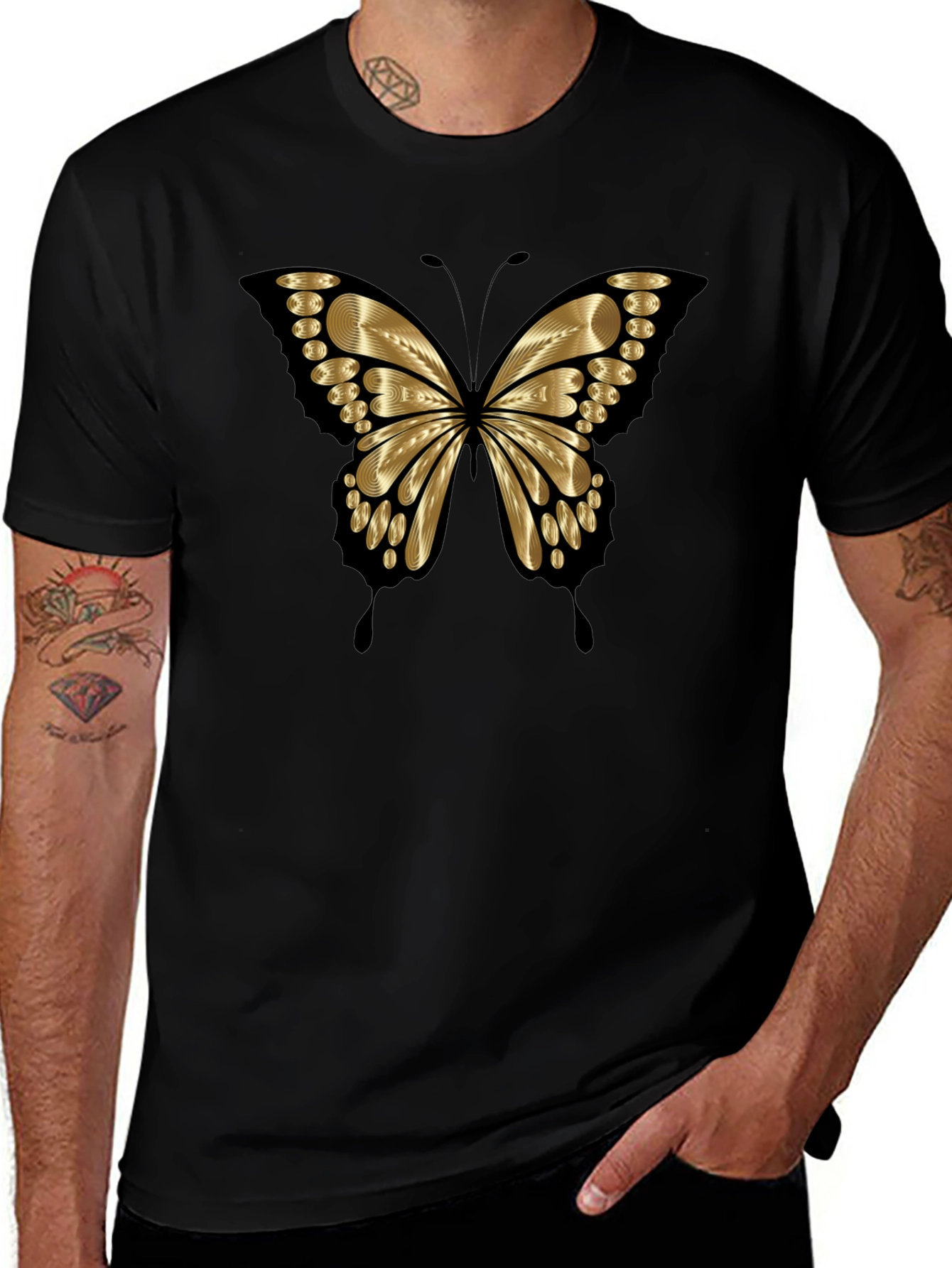 Gold Butterfly Graphic Print Mens T-Shirt