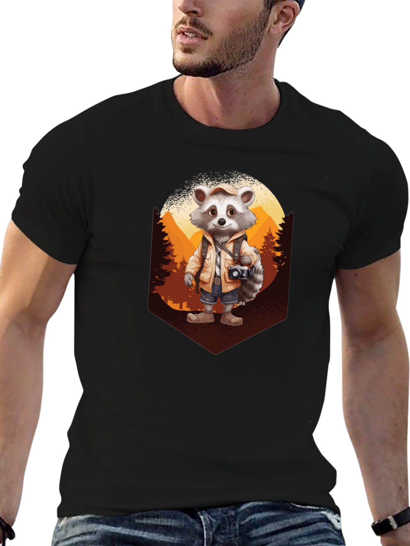 Raccoon Hiker Graphic Tee - Black Cotton T-Shirt