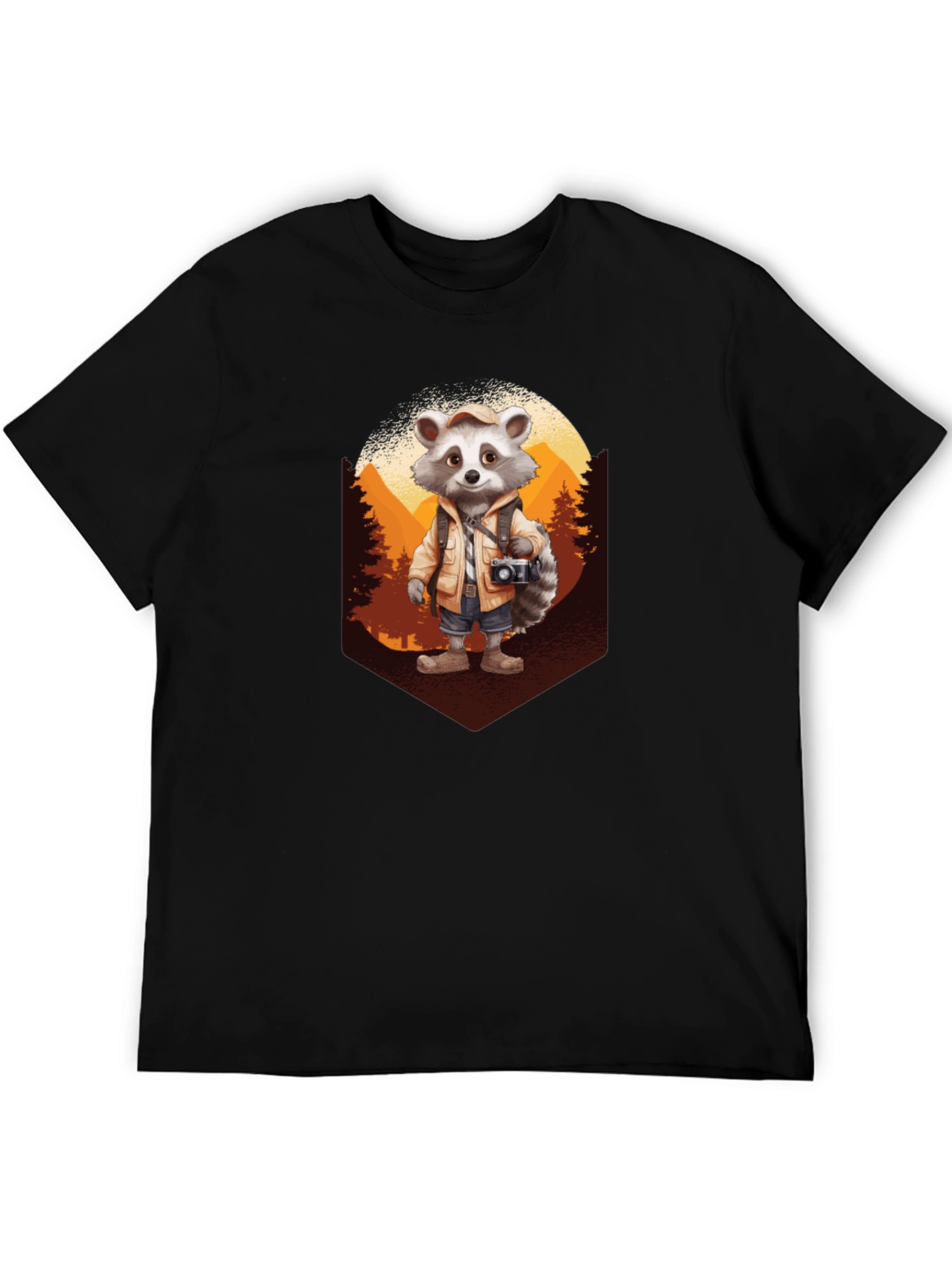 Raccoon Hiker Graphic Tee - Black Cotton T-Shirt