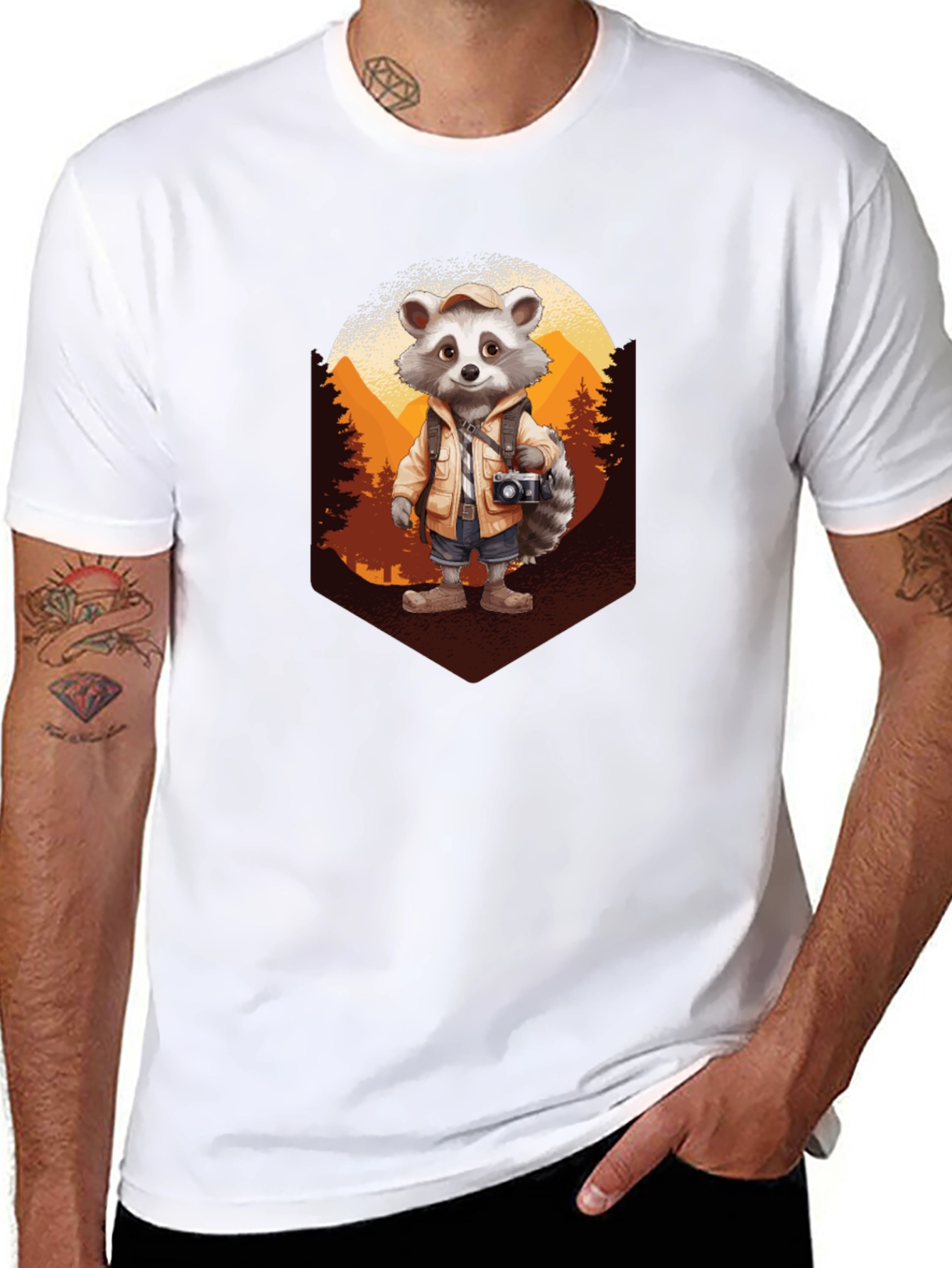 Raccoon Hiker Graphic Tee - Black Cotton T-Shirt