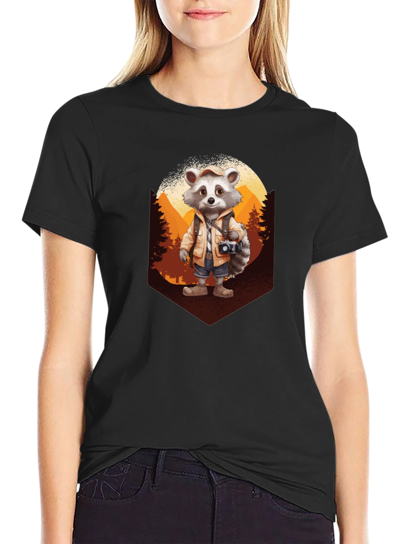 Raccoon Hiker Graphic Tee - Black Cotton T-Shirt
