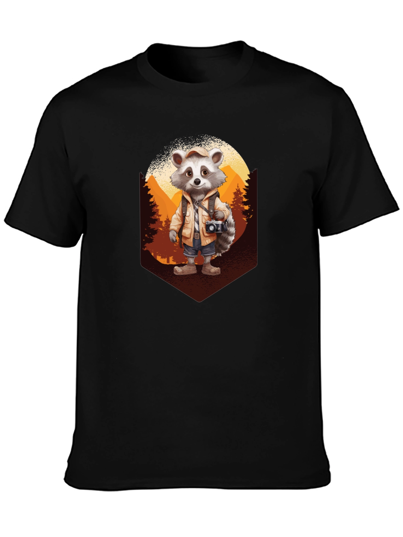 Raccoon Hiker Graphic Tee - Black Cotton T-Shirt