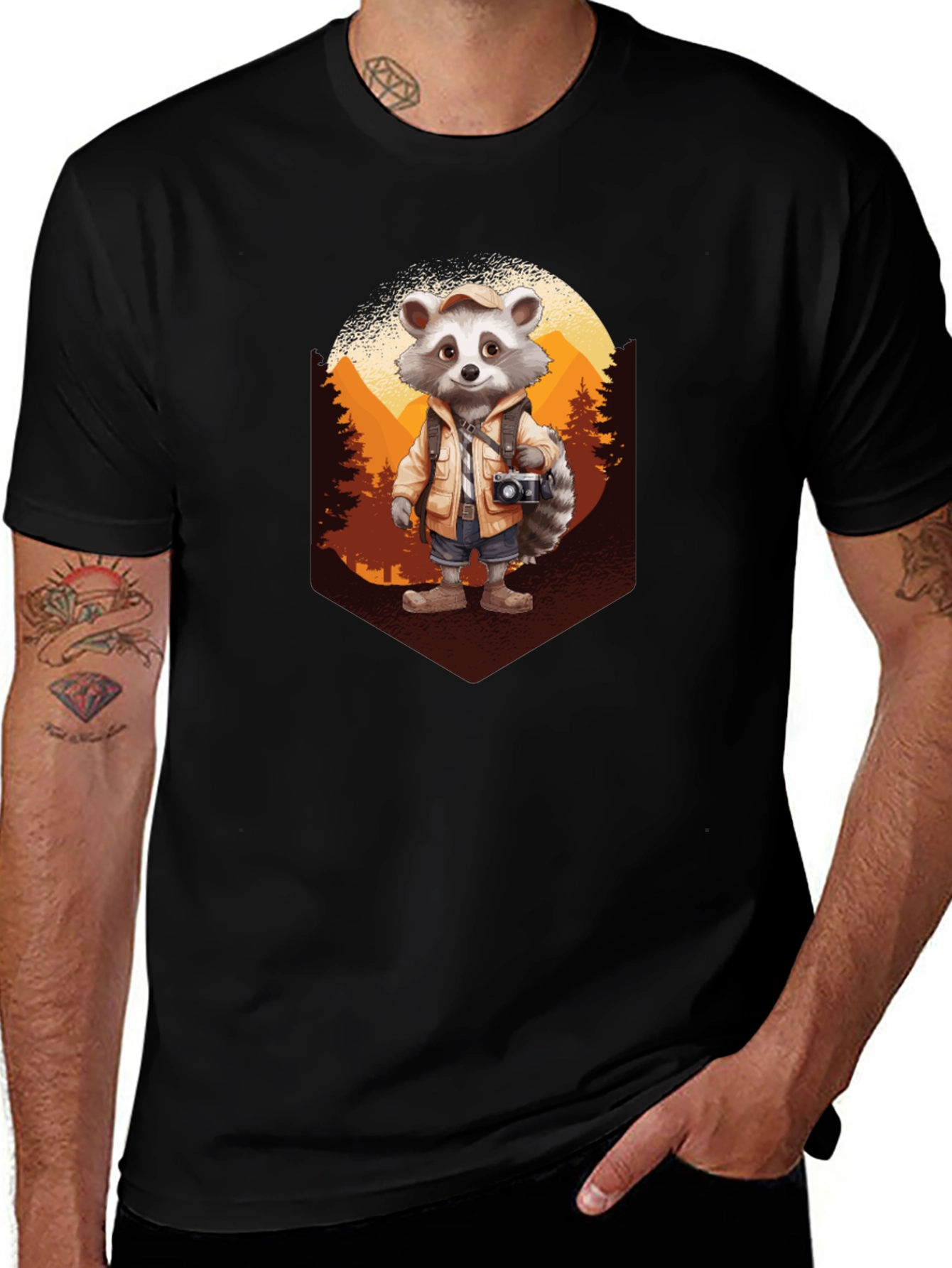 Raccoon Hiker Graphic Tee - Black Cotton T-Shirt