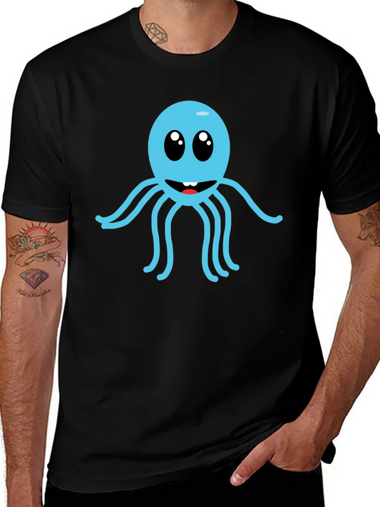 Cute Cartoon Octopus Graphic Tee - Black Cotton Shirt