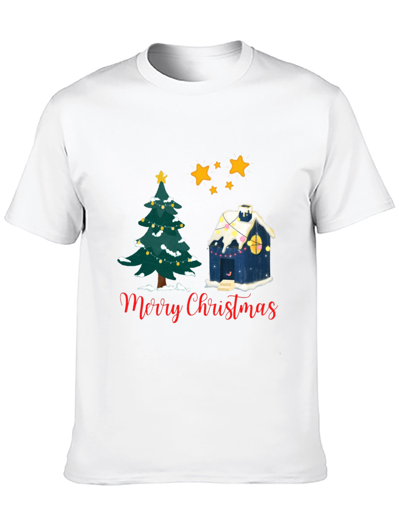 Festive Merry Christmas Tree and House Black T-shirt