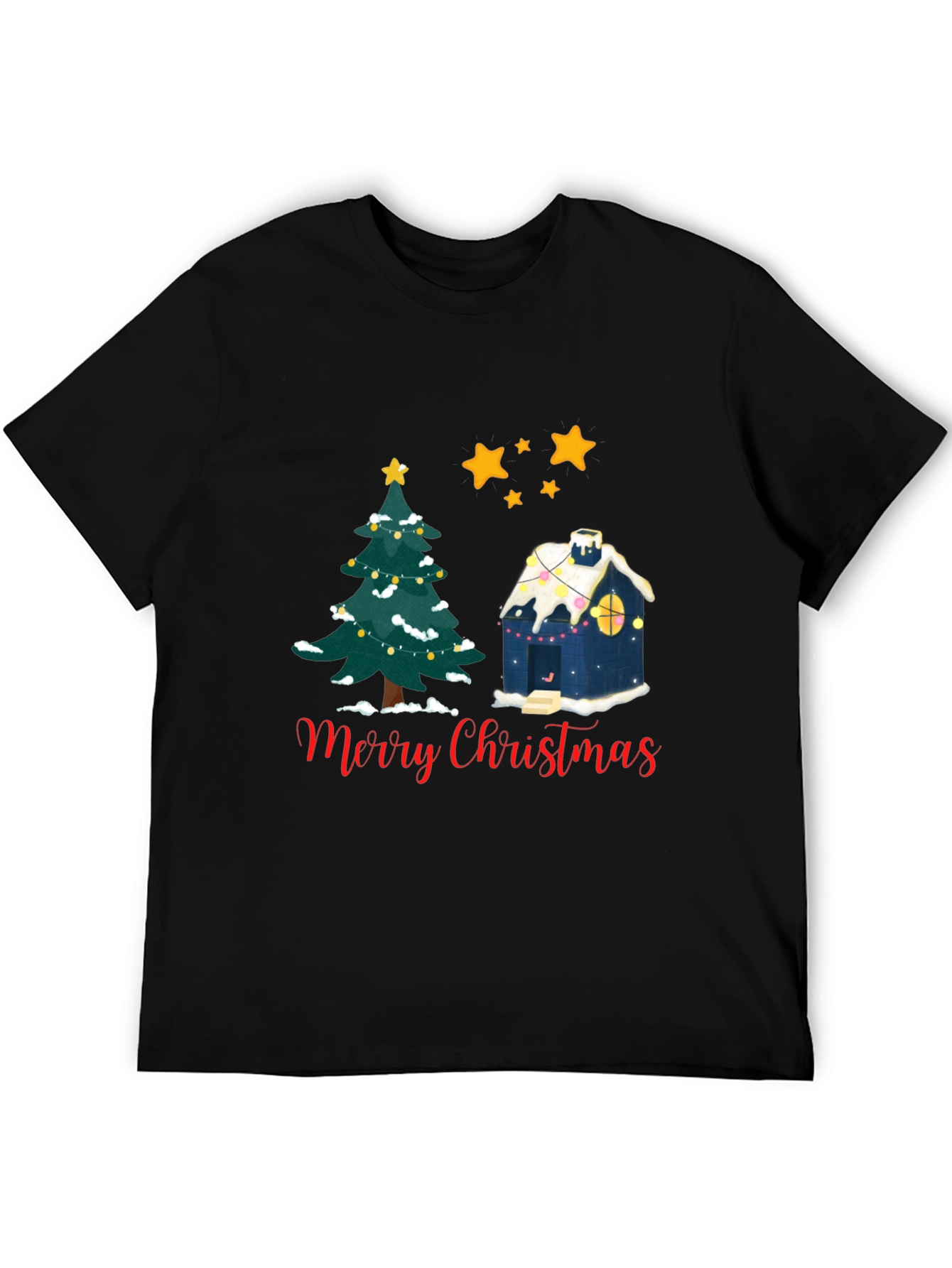Festive Merry Christmas Tree and House Black T-shirt