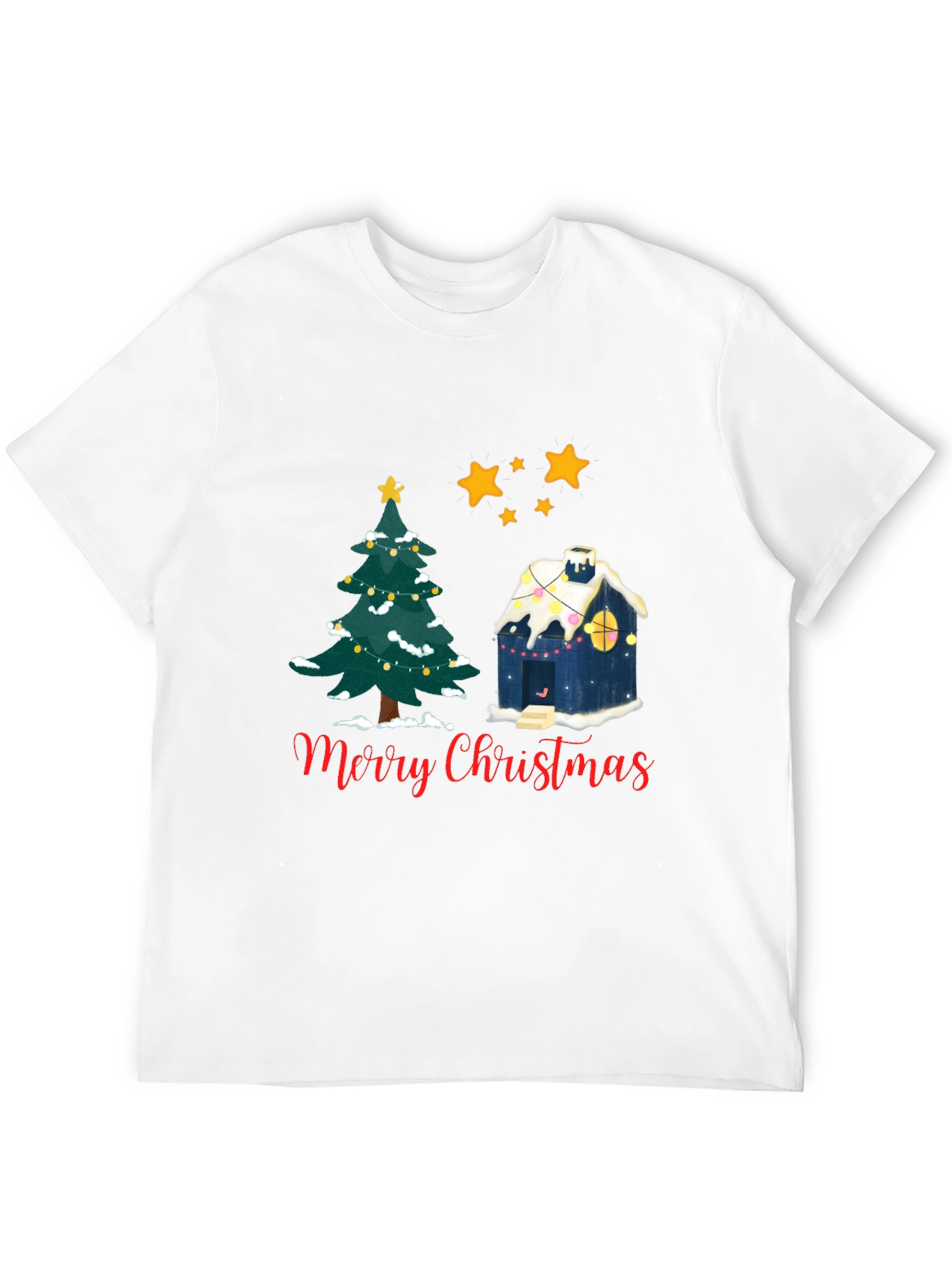 Festive Merry Christmas Tree and House Black T-shirt