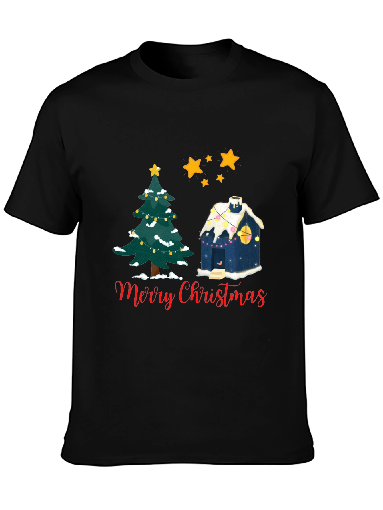 Festive Merry Christmas Tree and House Black T-shirt