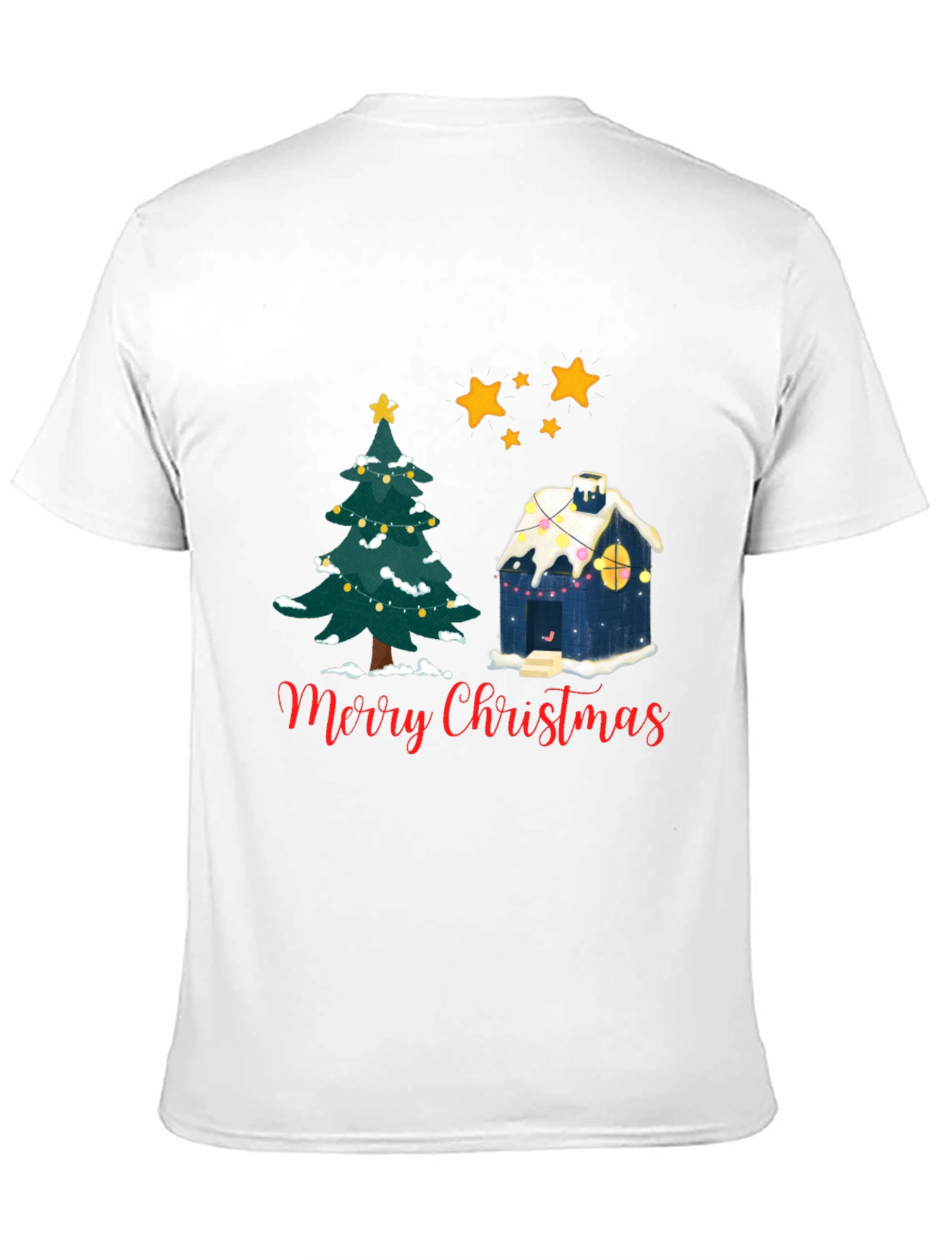 Festive Merry Christmas Tree and House Black T-shirt